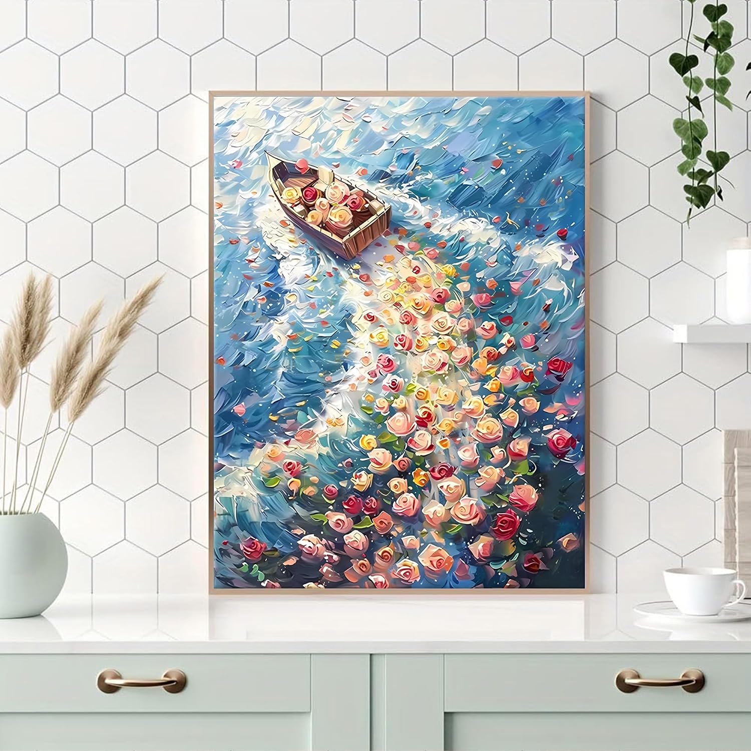 Ohhvvow Diamond Painting Kit for Adults: Sailing Ship with Flower Waves - Full Drill Round Diamonds Ocean Art | Stress Relief DIY Craft Decor, 12x16 inch image 3