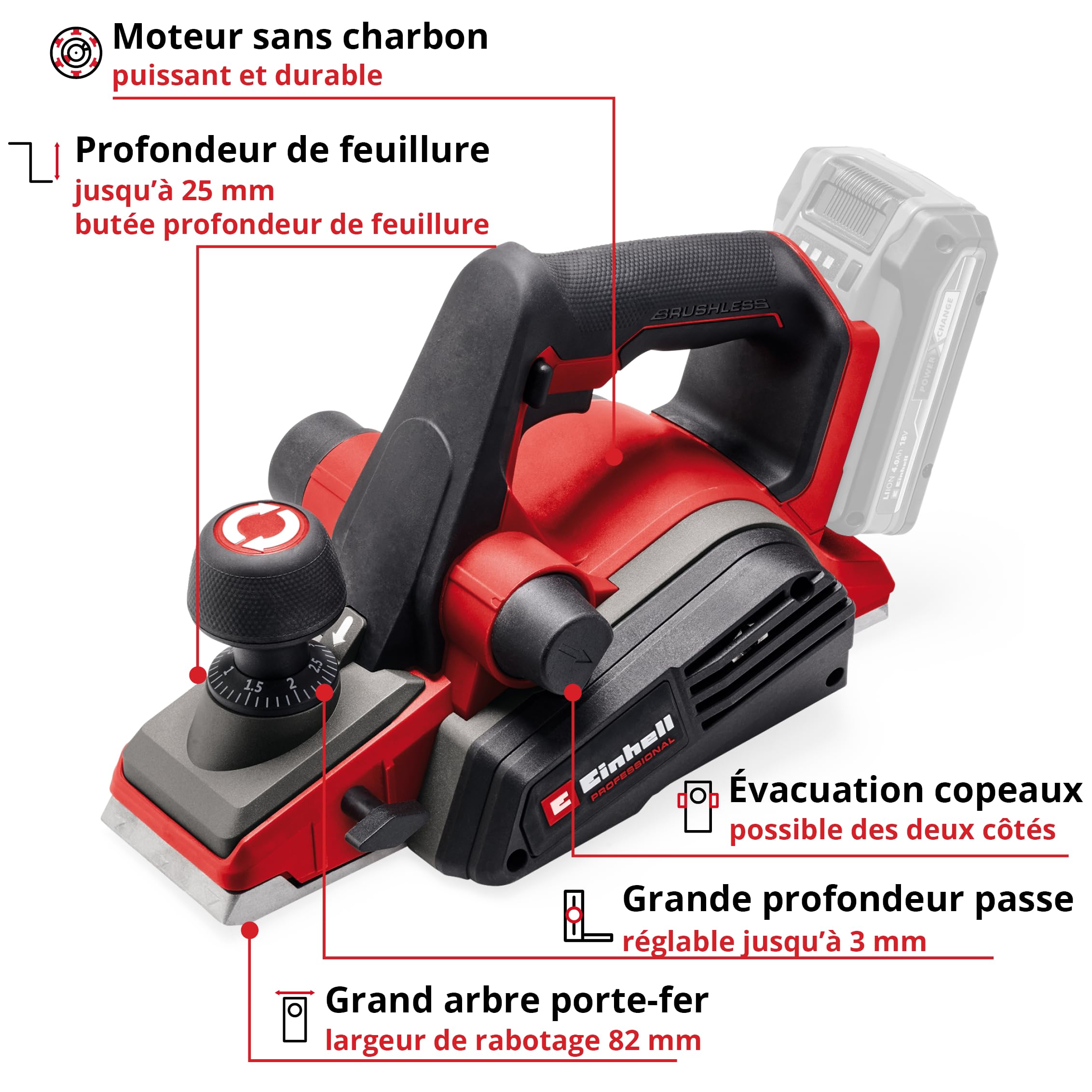 Einhell Professional Rabot portatif sans fil TP-PL 18/3 Li BL-Solo Power X-Change (18V, sans charbon, largeur 82 mm, profondeur de passe 3 mm max., arbre porte-fer, patin de repos, sans batterie)