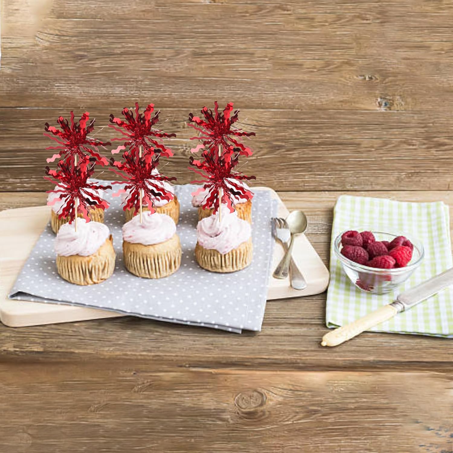 Rsstarxi 30 Pack Red Foil Firework Birthday Cupcake Toppers Red Sparkle Tinsel Drink Cake Decorations Cocktail Food Toothpicks for Christmas New Years Eve Birthday Wedding Graduation Party Decorations - Image 6