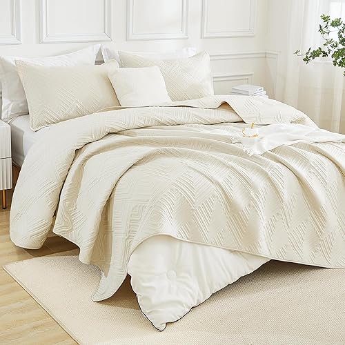 Miniatura 4 de Andency Juego de edredón de 3 piezas tamaño California King, color beige, ropa de cama de verano suave y ligera, con patrón geométrico clásico color