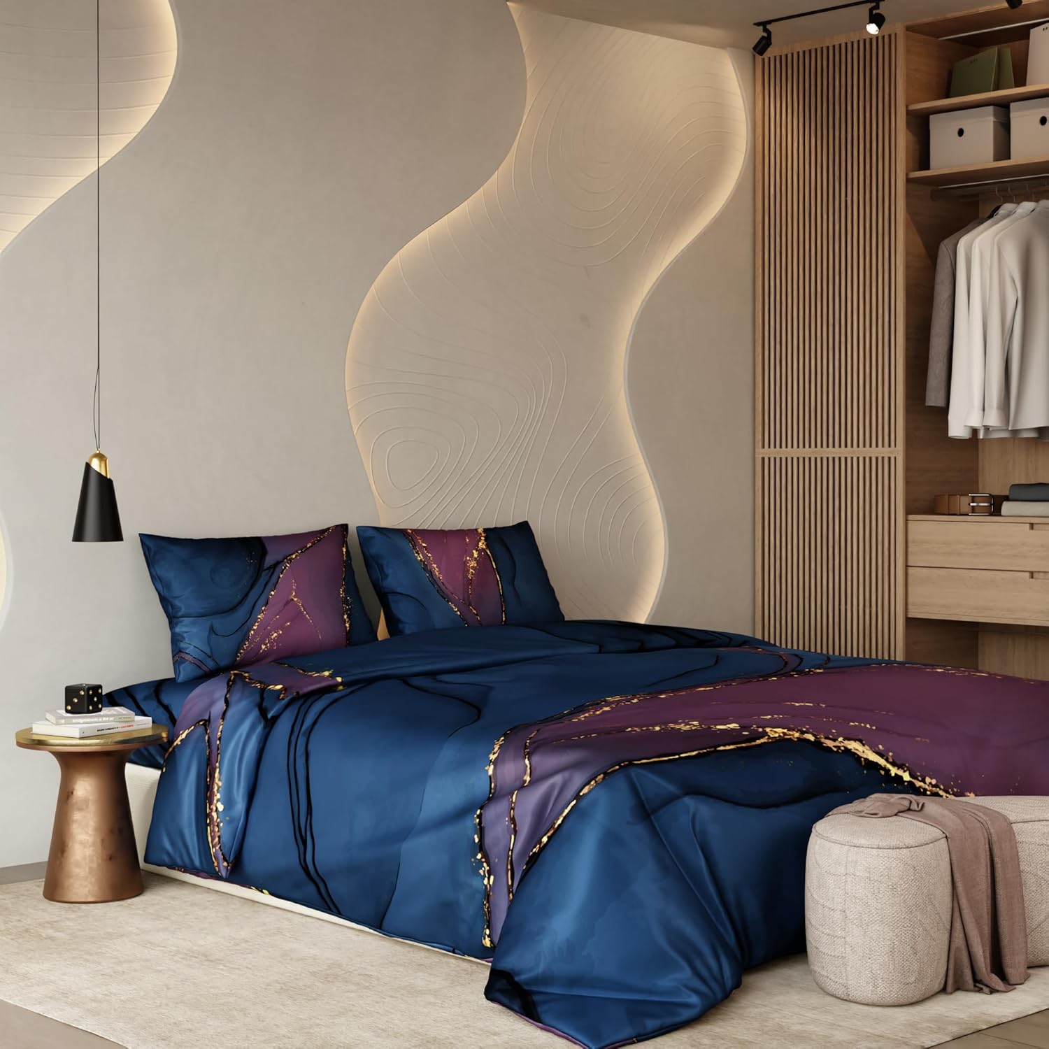 Stoa Paris Satin King Size Comforter, 300TC Premium Bedding Set, Ideal for Bedroom, Aesthetic Comforters, All-Weather, Wedding Gift for Couples, Louvre – Indigo, Purple & Gold