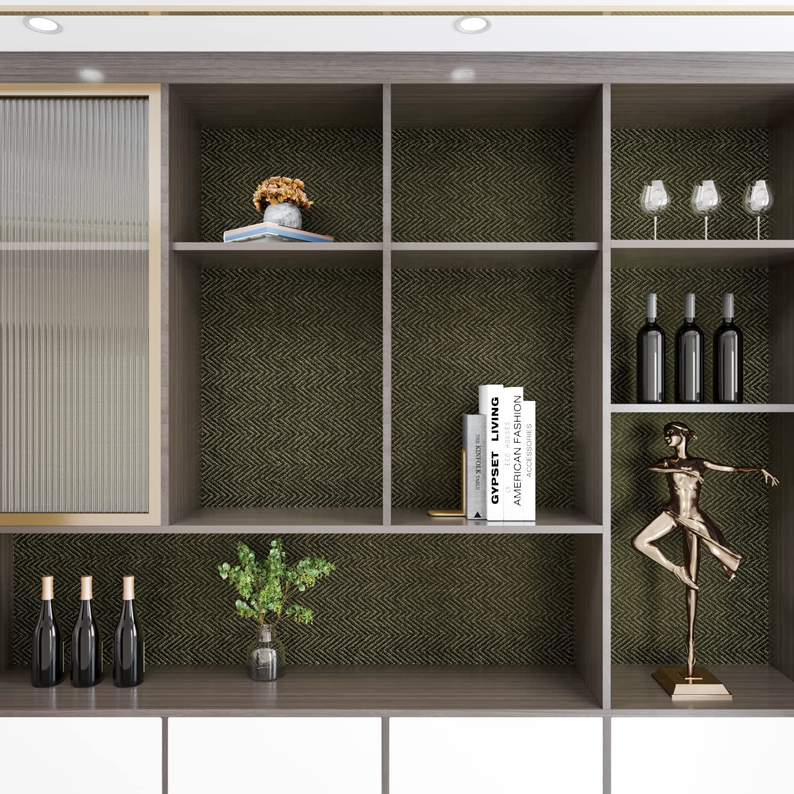 CHICHOME Black and Gold Wallpaper Peel and Stick Grasscloth Wallpaper Textured 30"x118" Wide Self Adhesive Black Contact Paper Waterproof Herringbone Fabric Vinyl Paper for Countertops Cabinets Decor