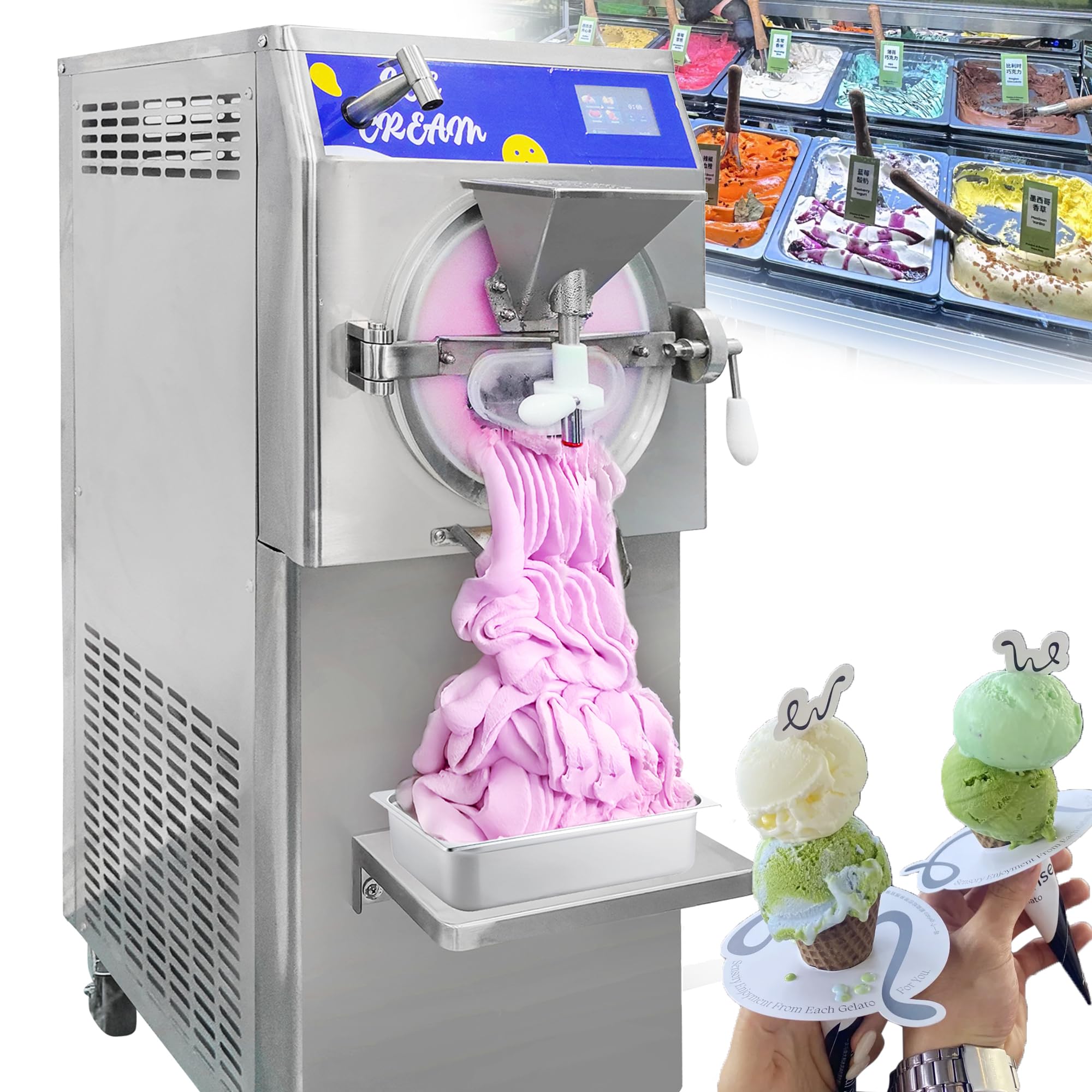 12.7Gal/H Hard Serve Ice Cream Machine, Commercial Gelato Hard Ice Cream Maker Sorbet Maker with Clear Hinged Door, Batch Freezer, 5in Touch Control, for Restaurants Snack Bar, Cafe, 2200W