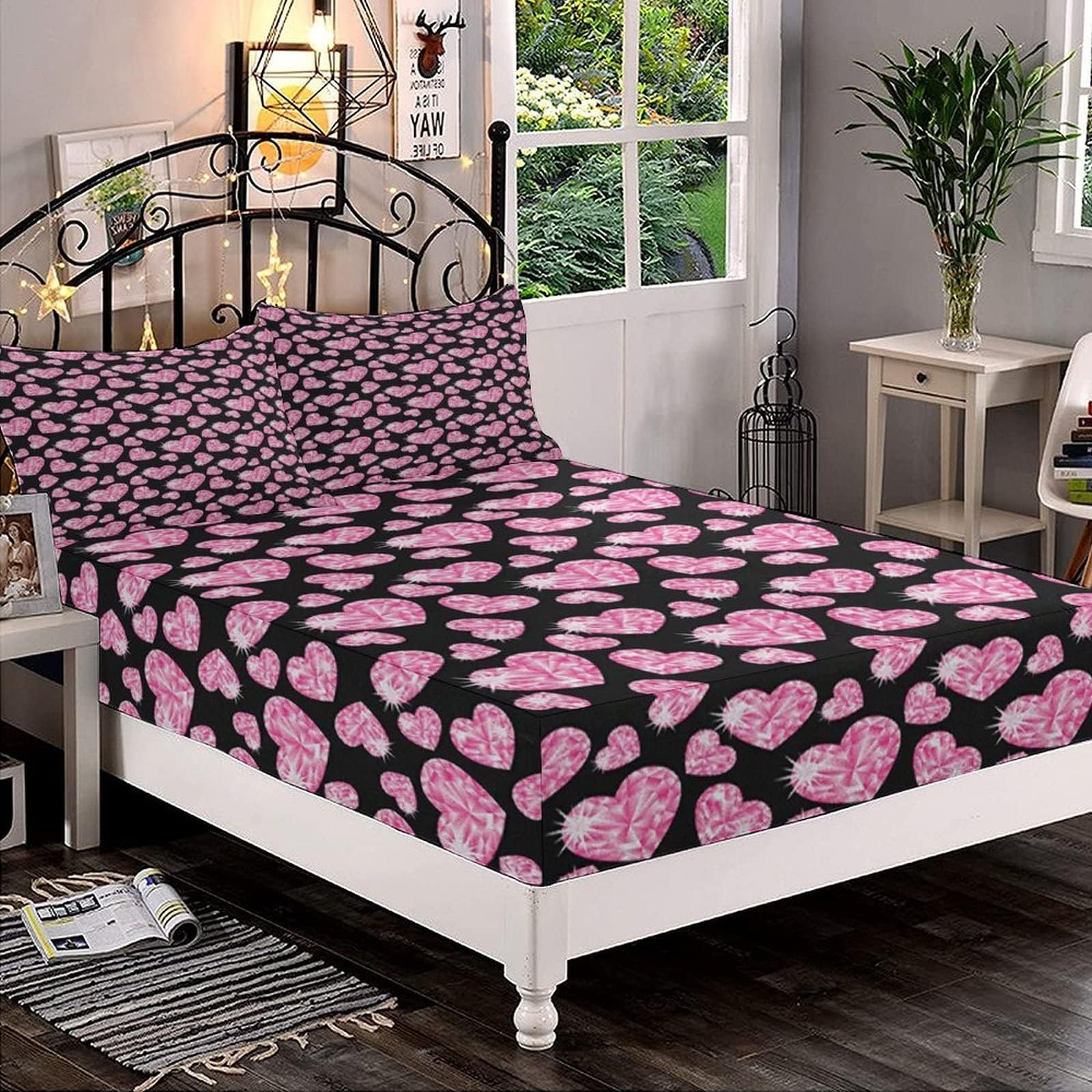 Decorative Fitted Sheet Set Twin Size, Diamonds Deep Pockets Fitted Sheet & 2 Pillow Sham Set, Romantic Pink Heart Stones Lovely Valentines Day Printed Microfiber Bedding 3pc Set
