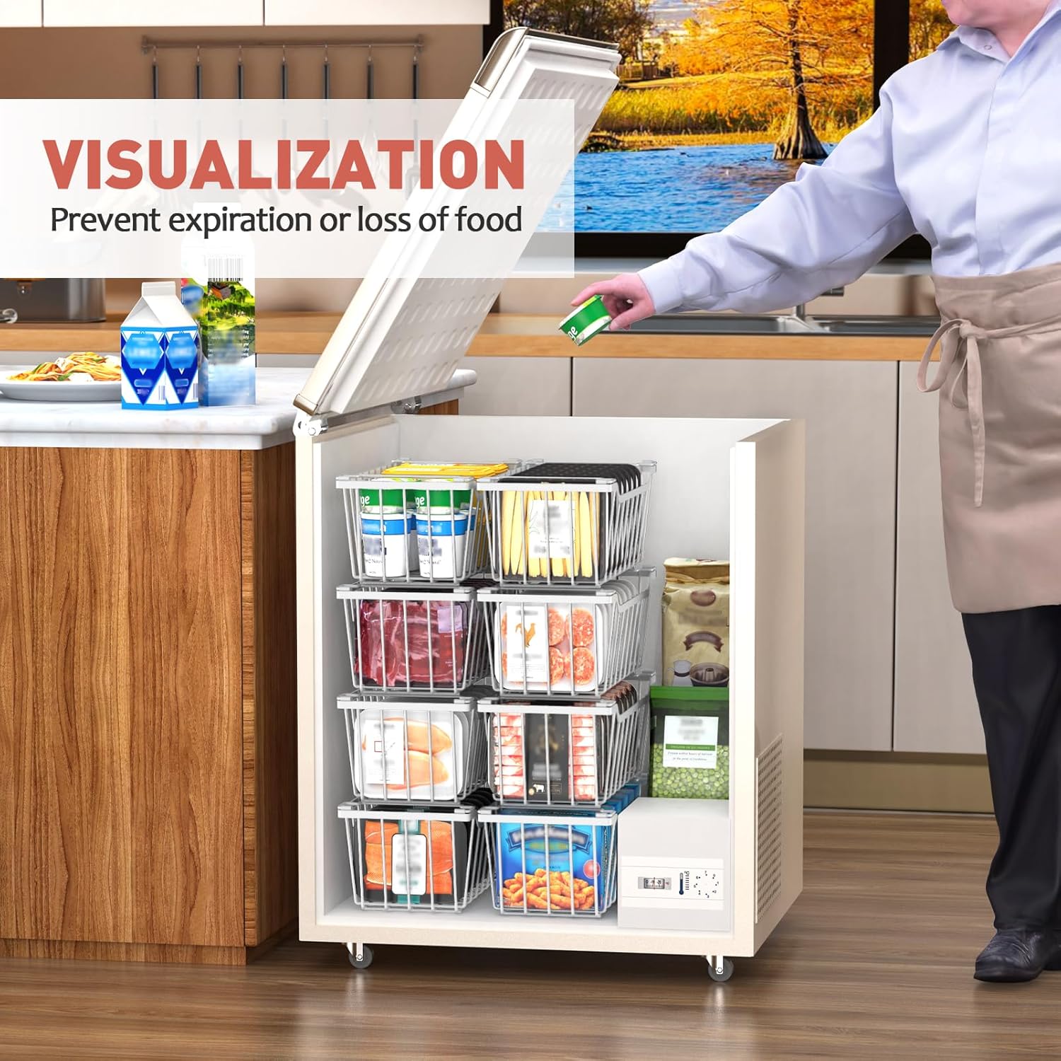 Goovilla Freezer Organizer Bins with Foldable Handle, 8 Pack Stackable Freezer Baskets for 3.5-7 Cu.FT Deep Chest Freezer Organization, White Metal Freezer Storage Bins with Better Space Utilization