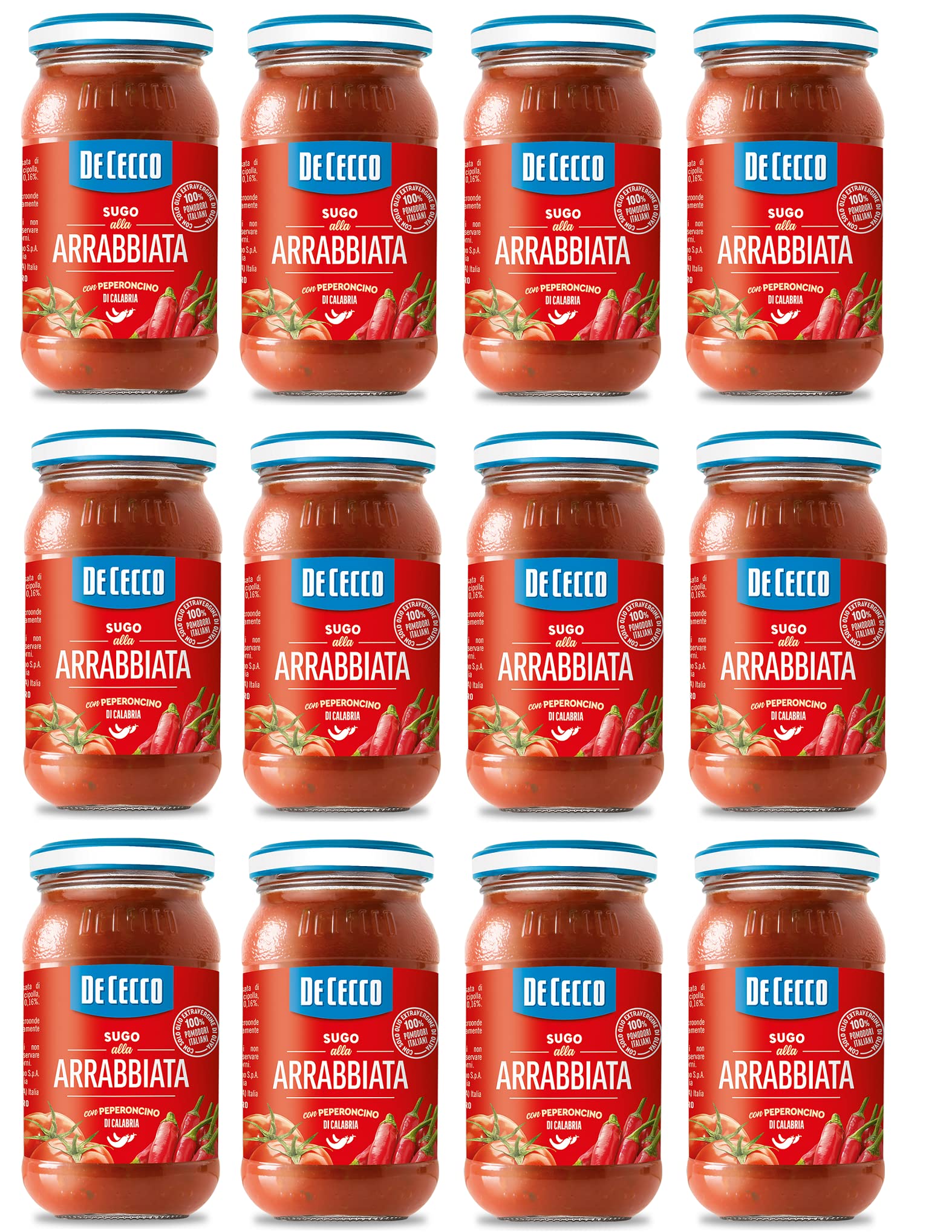 12x De Cecco Sugo all'Arrabbiata con Peperoncino di Calabria Sauce mit Kalabrische Chili 100% italienische Tomaten 200g