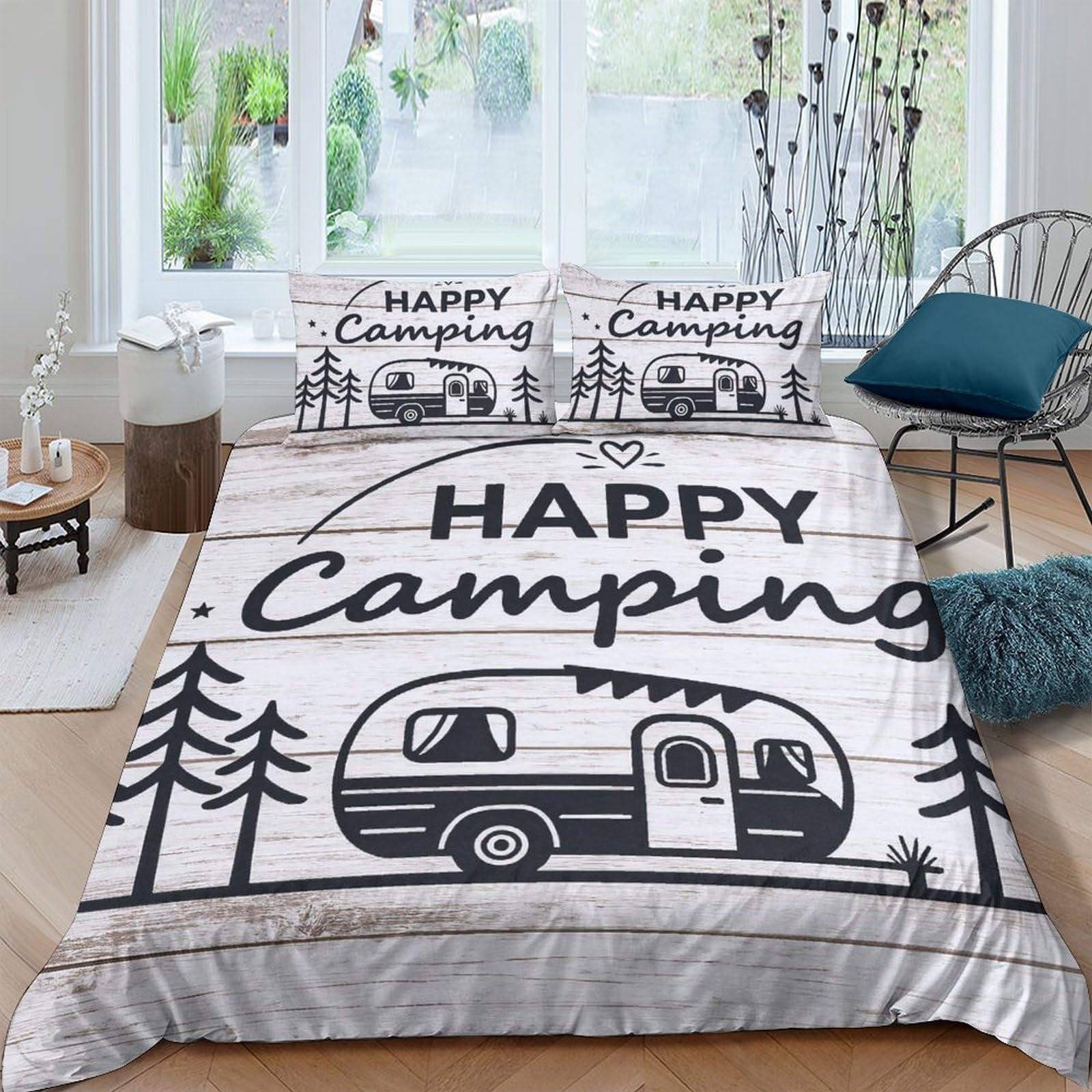 Ctjqhvkz Style-9 3D Printed Happy Camping Fitted Sheet Microfiber Soft Camper Caravan Bed Cover For Bedroom Guest Room Decor Anti-Slip Machine Washable Single（135X200cm）