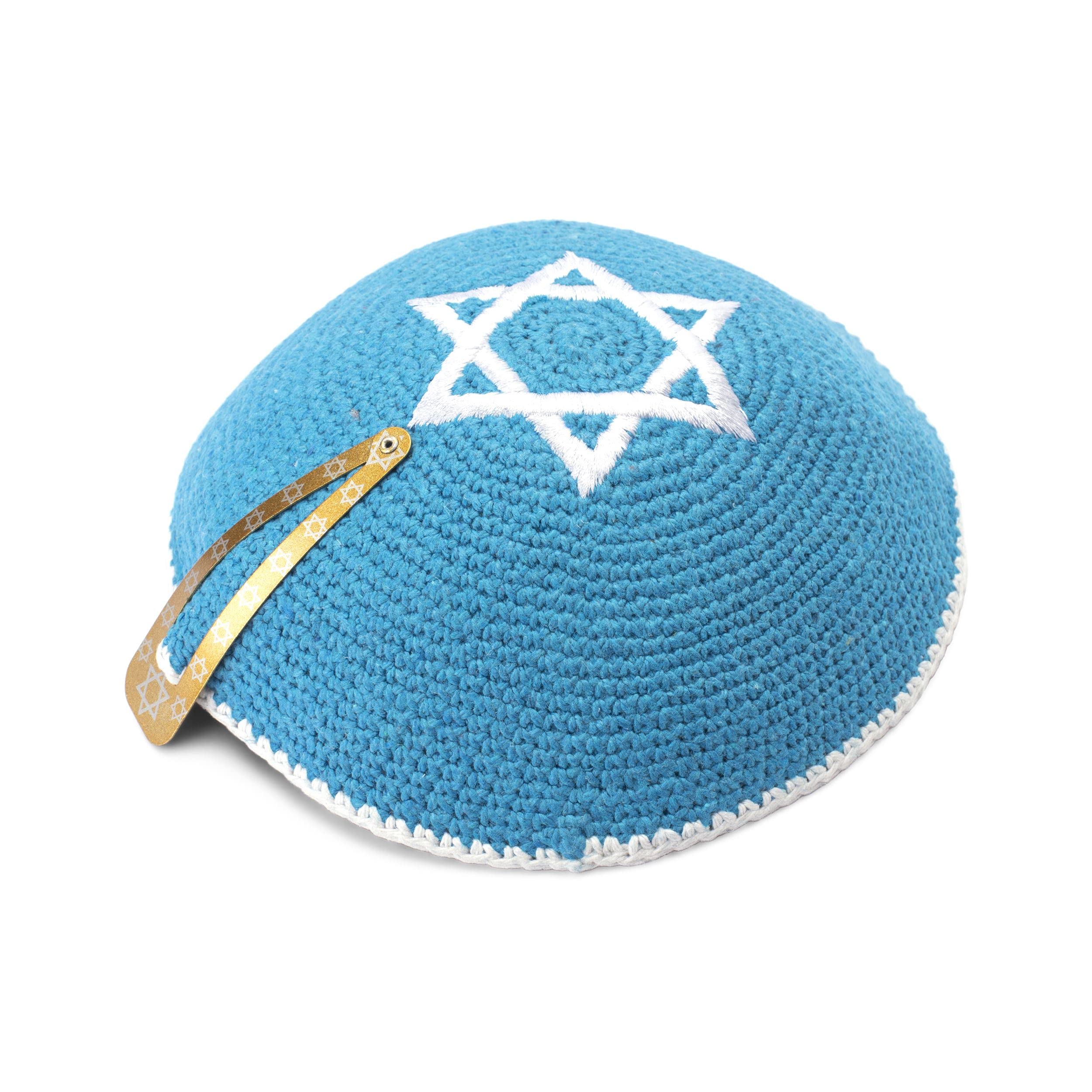 JL Kippha'sJL Kippah Cotton Embroidery Knitted Turquoise Silver Star of David Yarmulke 15cm