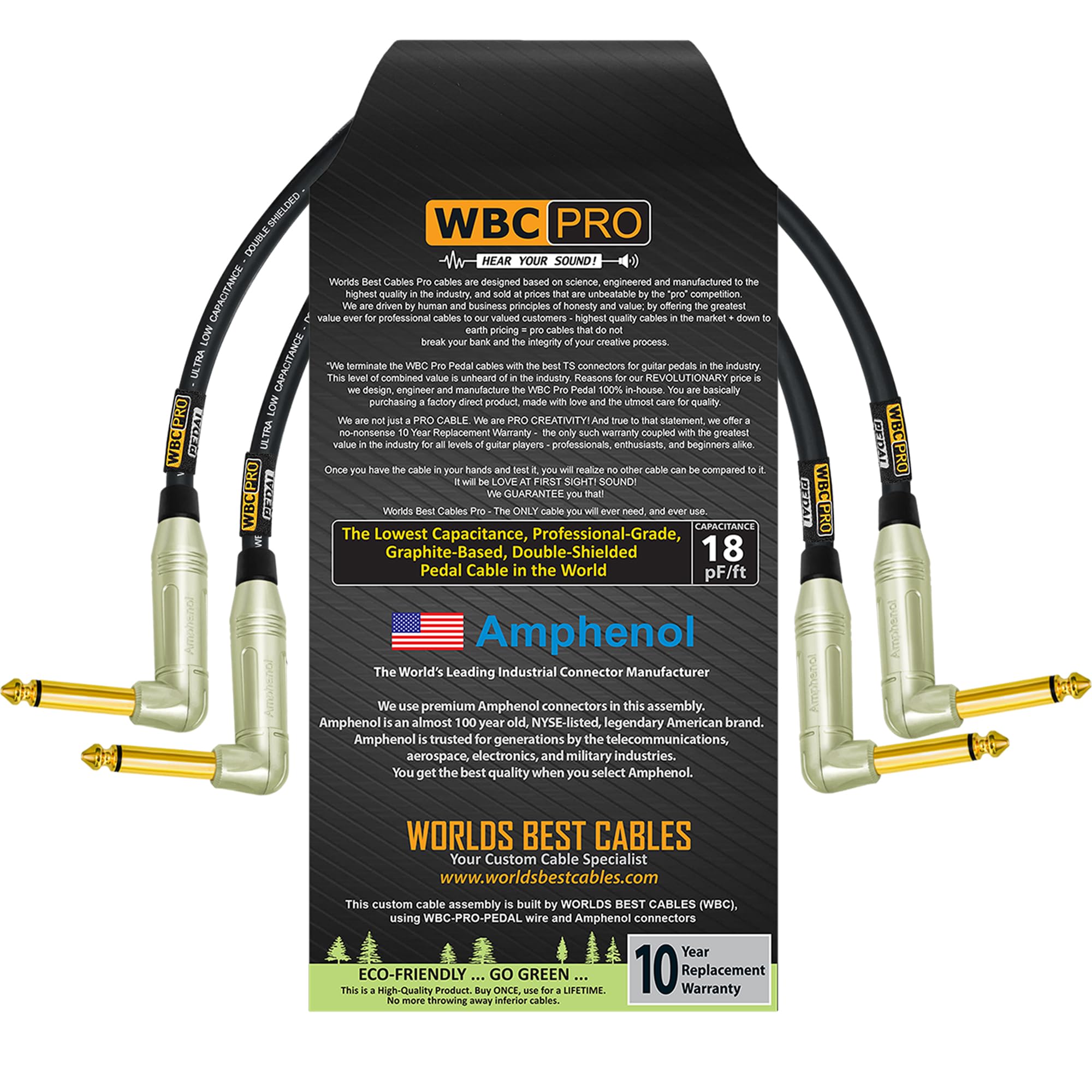 2 unidades – 18 pulgadas – Pedal WBC-PRO-– 22 AWG – Baja tapa (18pF/ft) – Grado profesional – Basado en grafito – Pedal de doble blindaje, efectos, parche, cable de instrumento y conectores TS dorados