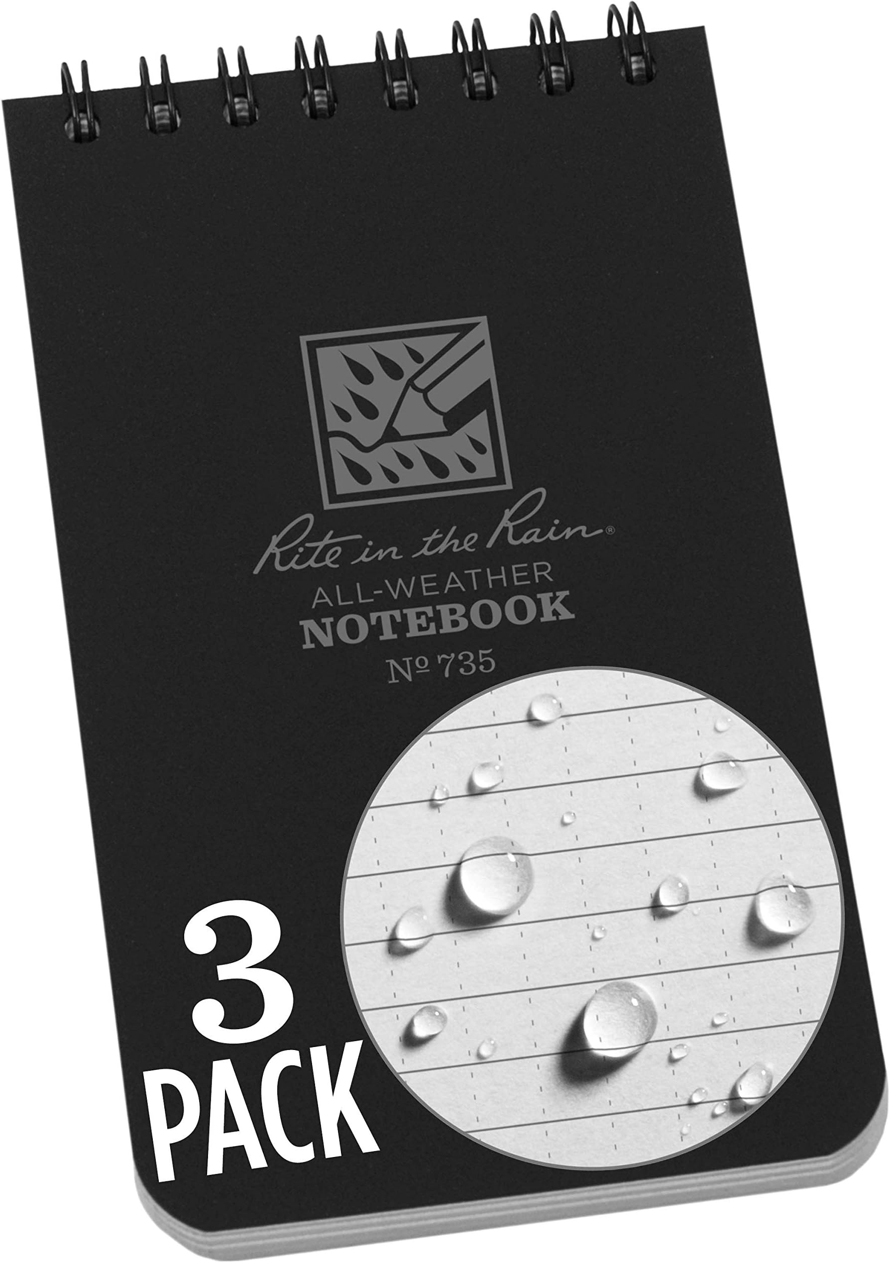 Weatherproof Top Spiral Notebook, 3" x 5", Black Cover, Universal Pattern, 3 Pack (No. 735-3X)