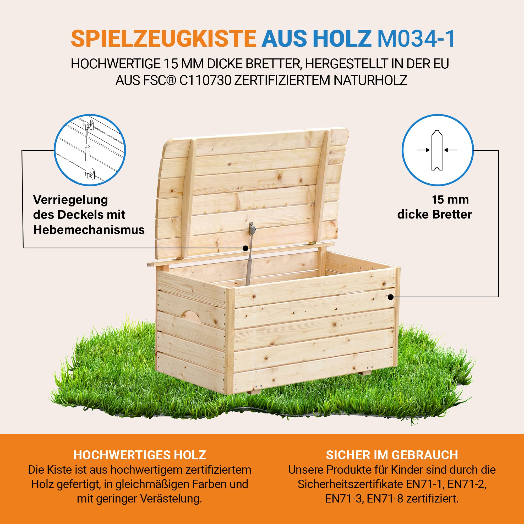 TIMBELA Holzkiste Mit Deckel - Holz Spielzeugkiste Mit Deckel - Aufbewahrungsbox Garten 80 x 50 x H47 cm – Spielzeug Truhe mit Deckel für Innen und Außen Verwendbar M034-1