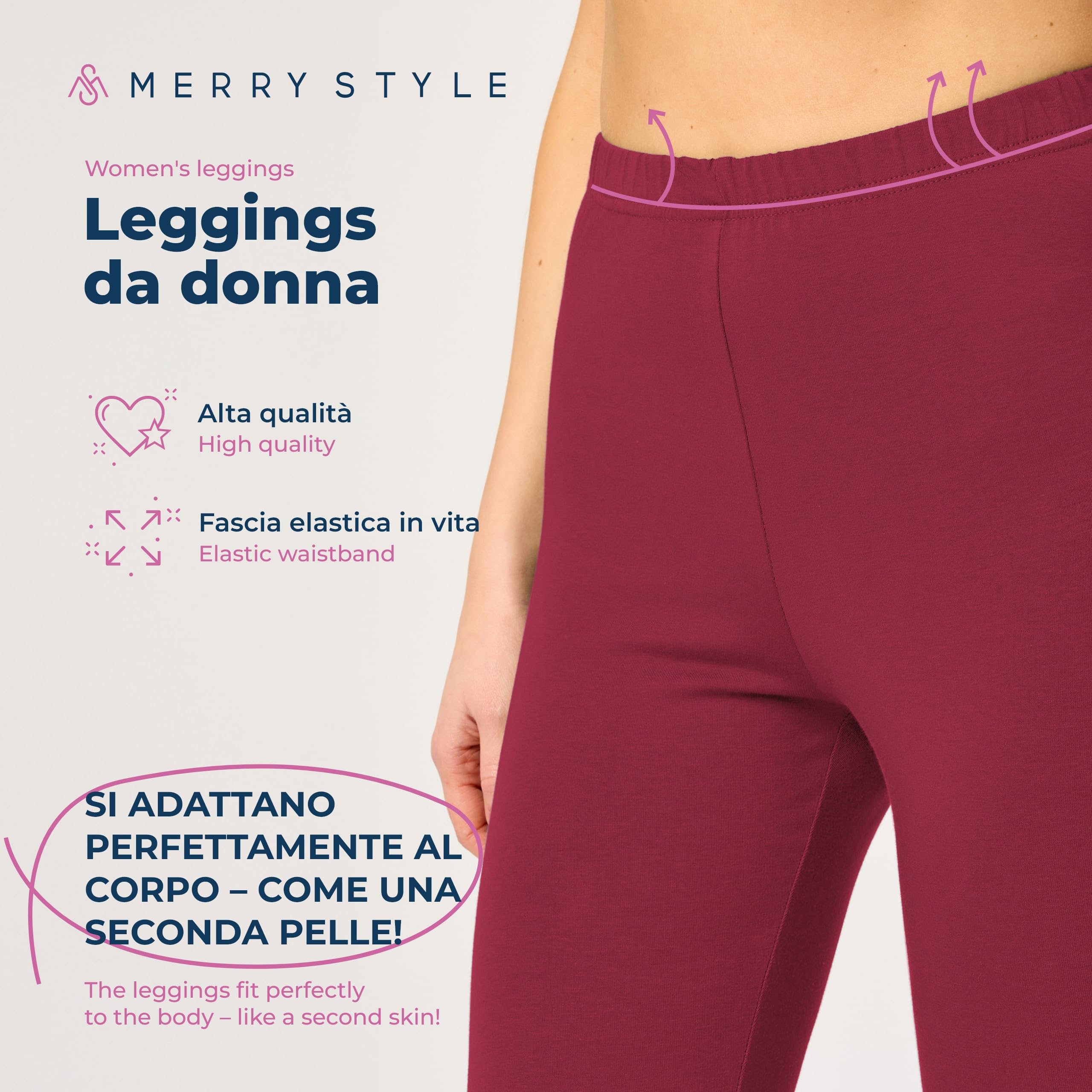 Merry Style Leggings Donna 3/4 Pantaloni Capri Morbidi e Confortevoli Leggins Donna in Cotone Traspirante Elastici e Delicati sulla Pelle Sensibile MS10-199