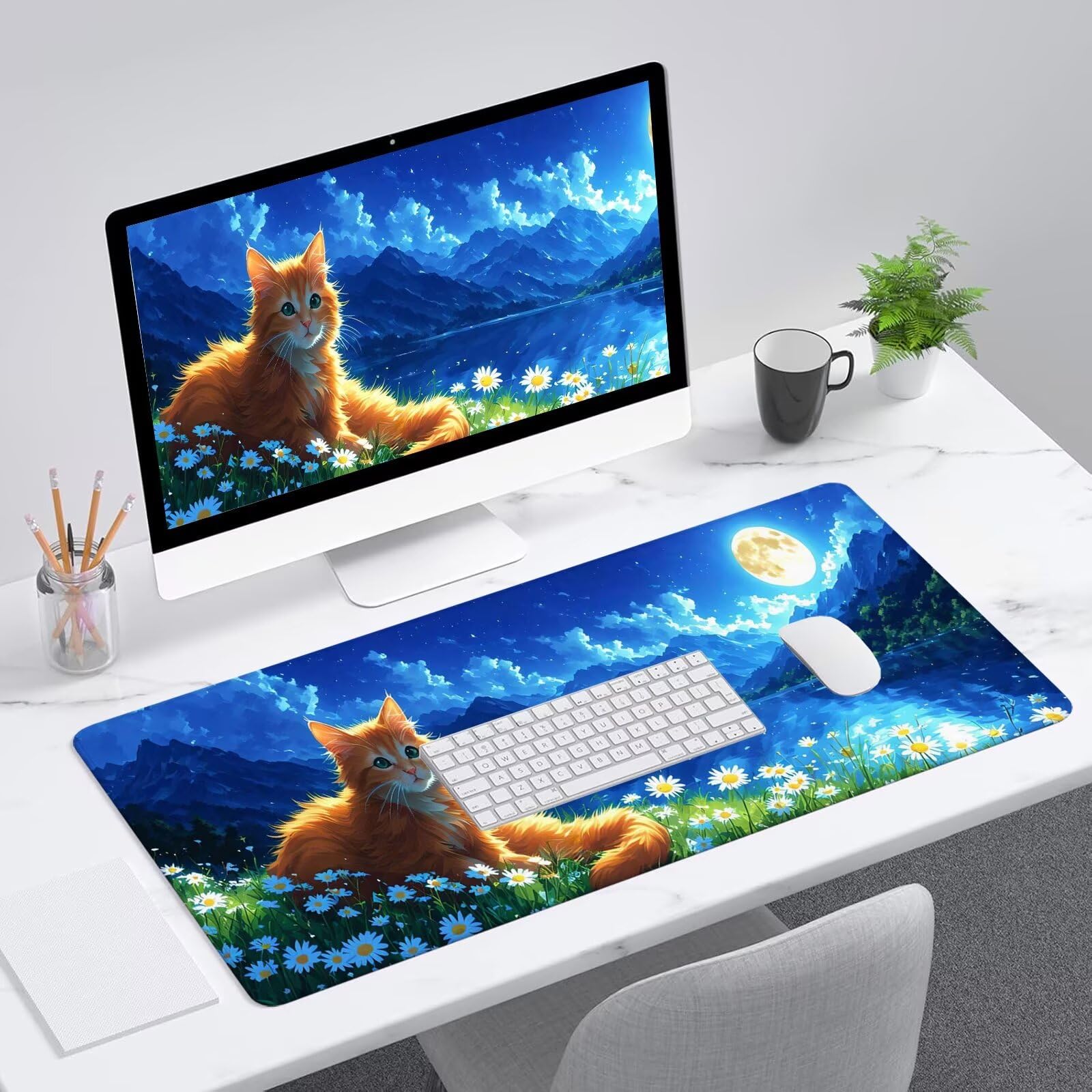 Blu Tappetino Mouse Gaming, Tappetino Mouse XXL 1200 x 500 mm, Tappetino Mouse Gatto, Mouse Pad con Base Antiscivolo, Bordi Cuciti Tappetino per Mouse, Tappetino Mouse Gaming di Alta Precisione S-295