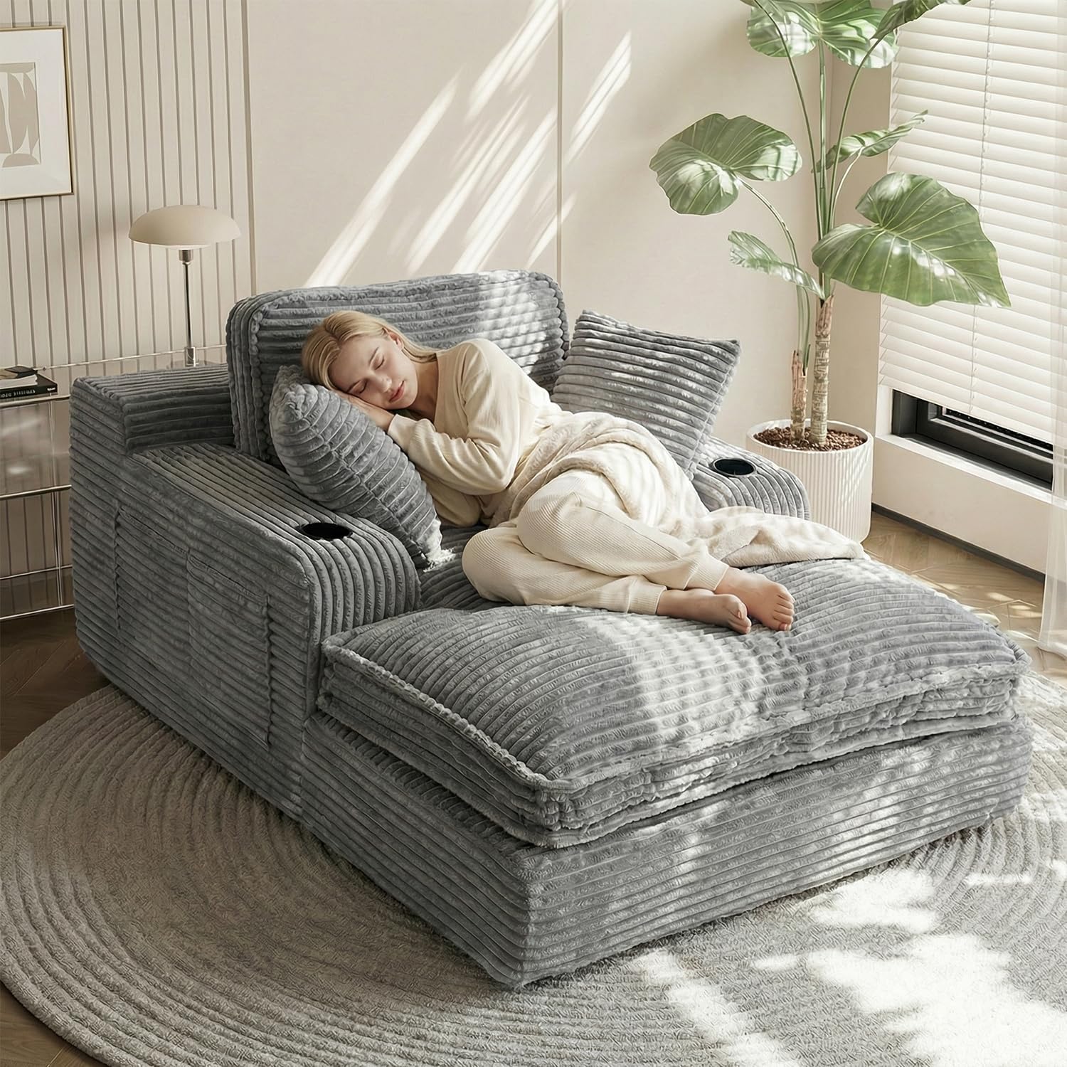 67" Oversized Chaise Lounge Chair Indoor, Soft Boneless Cloud Couch with 3 Pillows, 4 Side Pockets and 2 Cup Holders, Comfy Corduroy Sleeper Couch for