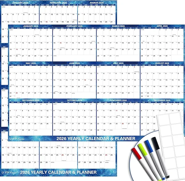 32" x 48" 2026 Wall Calendar Dry Erase - Large Starry Sky Wall Calendar Wet & Dry Erasable Laminated 12 Month Annual Yearly Planner, Reversible, Horizontal/Vertical, Blue