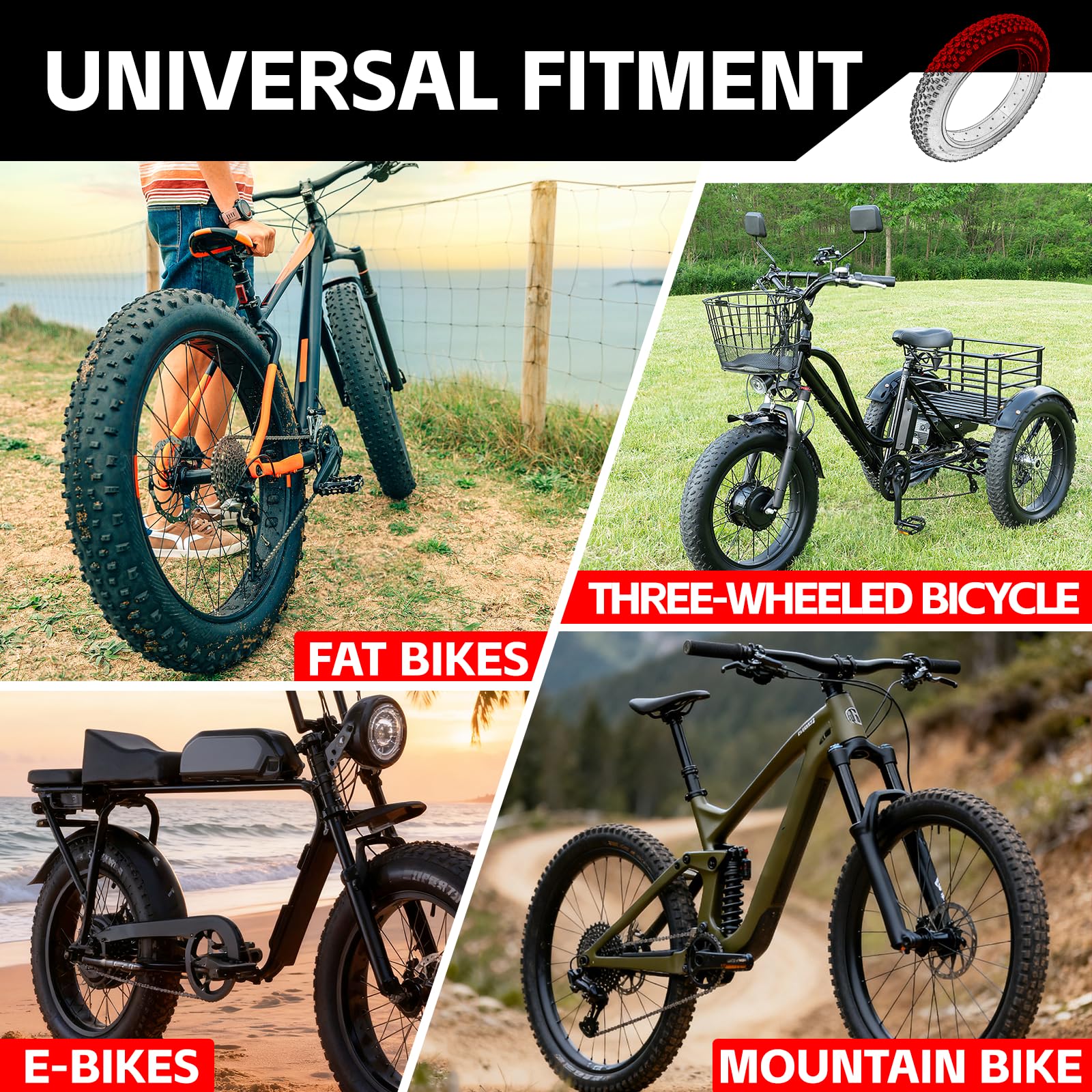 Neumático grueso de bicicleta de 20 x 4, protección contra pinchazos, neumáticos todo terreno de alto agarre con tubos, palancas de neumáticos y forros para MTB/E-Bike/triciclo/bicicletas plegables