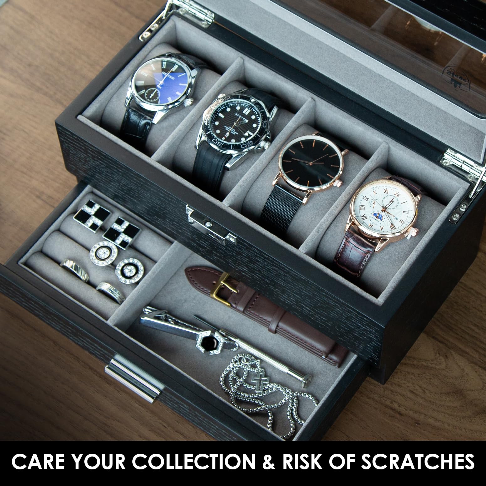 Slege Porta Orologi in Legno a 4 Posti,Fatto Mano Scatola Portaorologi a 2 Livelli,Elegante Scatola per Orologi,Coperchio in Vetro, con Cuscinetti,Scatola Porta Orologi Uomo e Donna,Idea Regalo,Nero