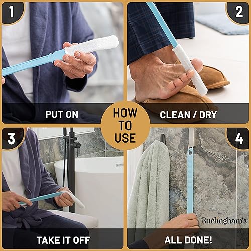 Miniatura 6 de Burlingham's Cepillo de toalla para pies y pies con fundas de secado reutilizables, mango largo de 17 pulgadas para limpieza entre los dedos,