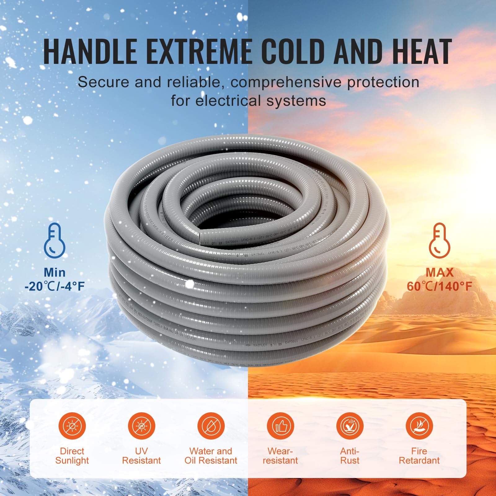 VEVOR Conduit électrique flexible, 12,7 mm, conduit étanche aux liquides en PVC, 30,5 m, non métallique, avec 5 connecteurs 180° et 5 connecteurs 90°, pour pompe contrôleur moteur climatisation, IP65