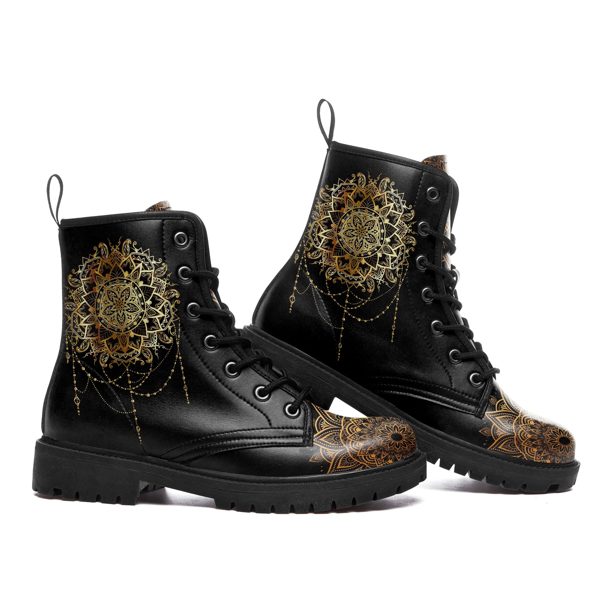 Womens Fashion Ankle Boots With Celestial Sun Moon Stars Mandala Print Lace Up Combat Boots Comfort Stylish Booties