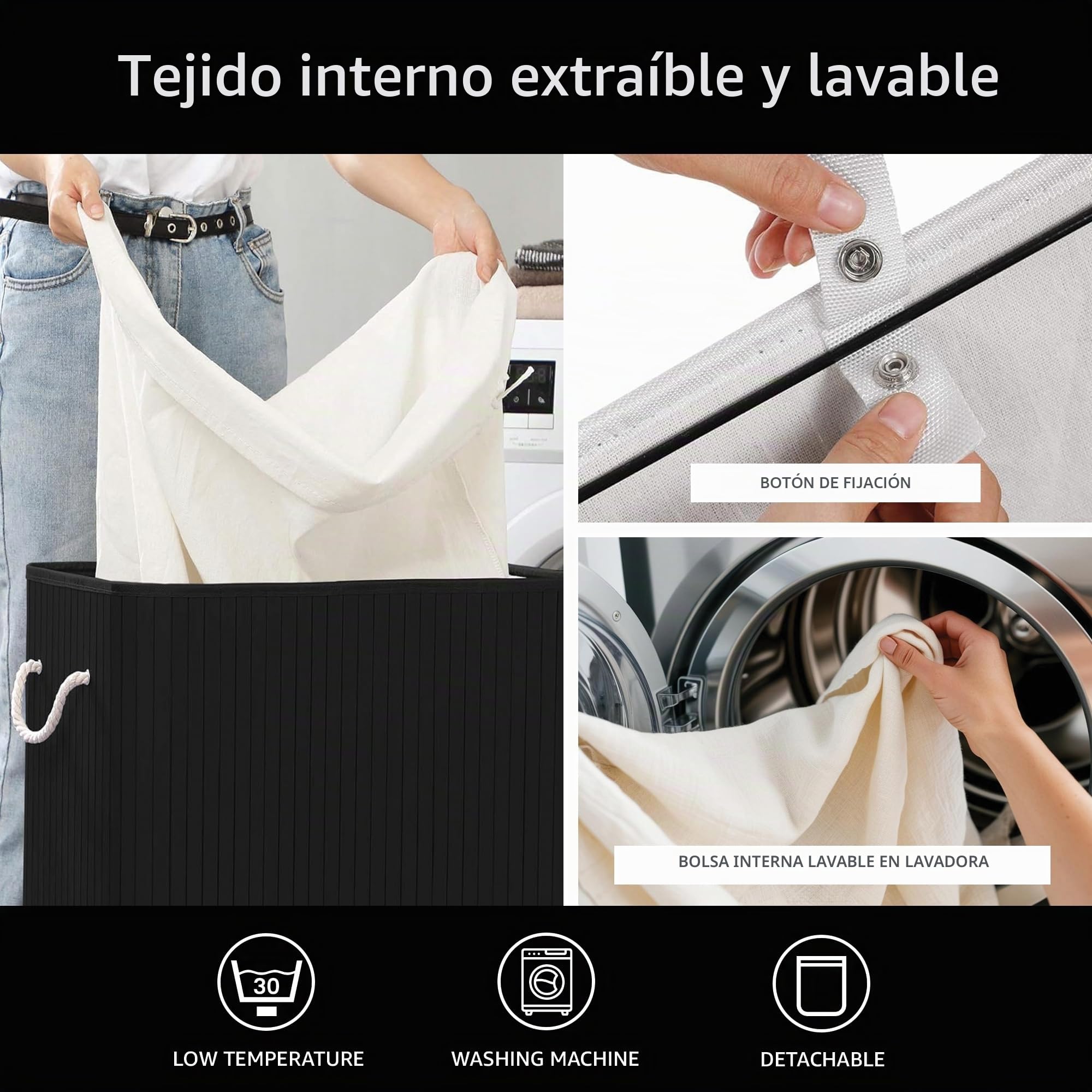 Comart - Cesto Ropa Sucia Bambú - Plegable - 72 L - Negro