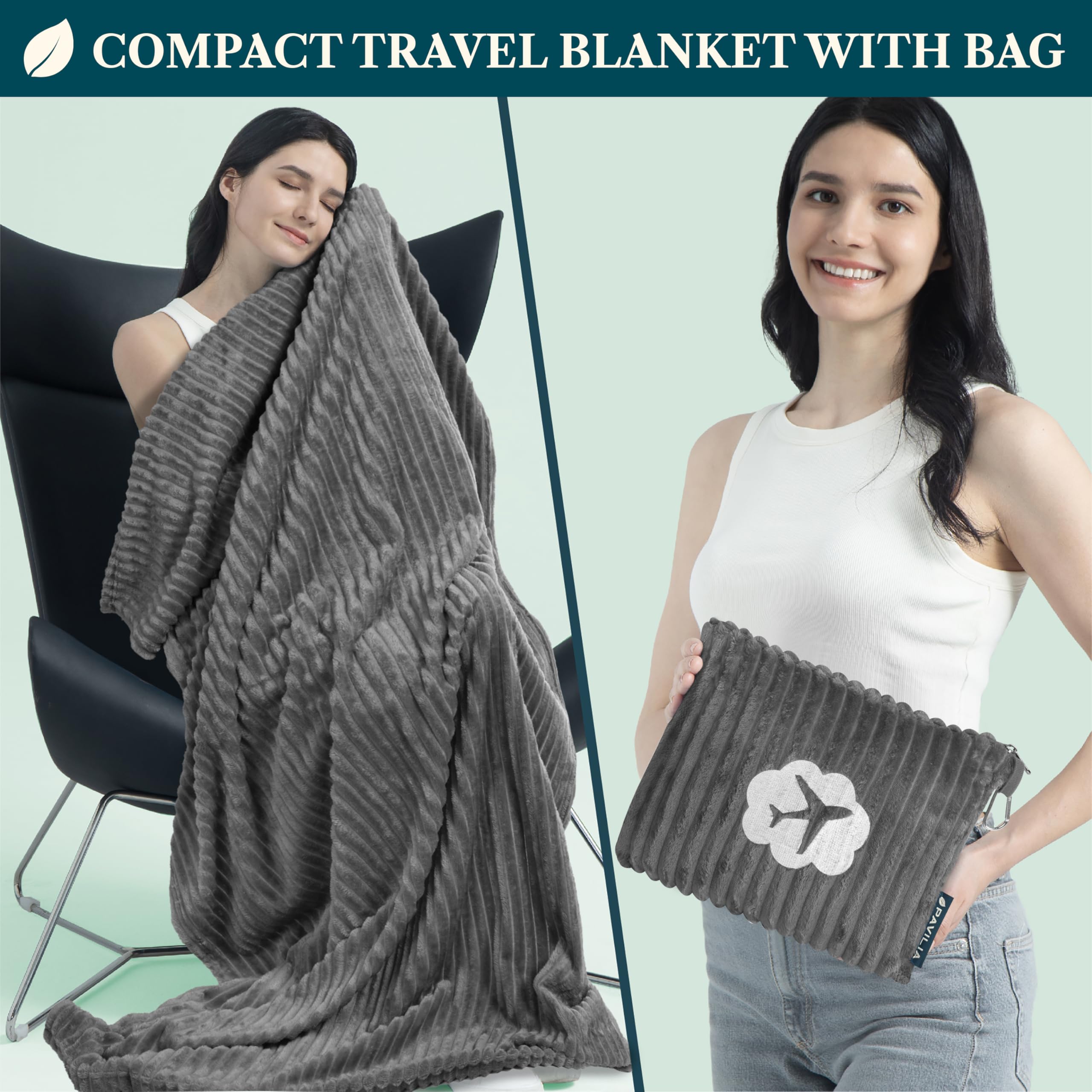 PAVILIA Coperta da viaggio, set di coperte per aeroplano in borsa morbida con tasche, coperta per aereo, compatta e pieghevole, cuscino essenziale per auto, accessori per viaggiatori, regali, cinghia
