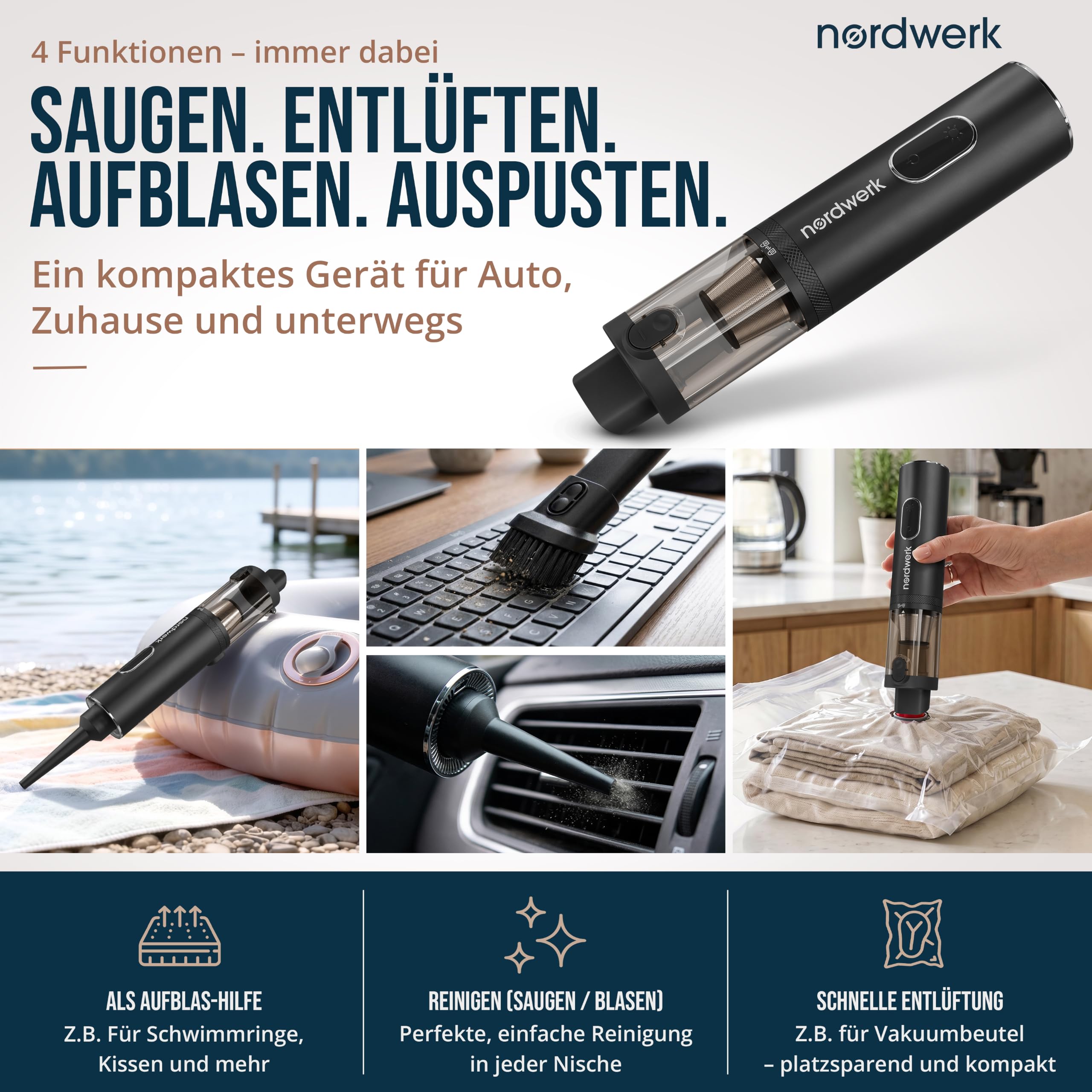 Akku Handstaubsauger Nordwind NEO für Auto & Haushalt, kabellos | starker Mini Staubsauger mit DeepReach Cleaning System®, Bürste für Tierhaare, HEPA-Filter, LED-Licht & Extra-Zubehör
