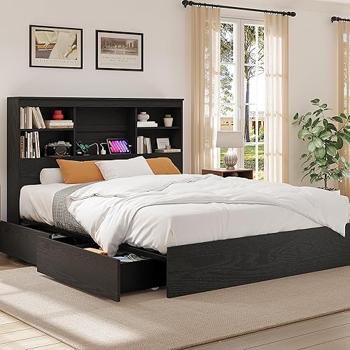 Miniatura 11 de GarveeHome Base de cama de tamaño matrimonial con cabecera de estantería de alto almacenamiento, marco de cama de madera con 4 cajones de