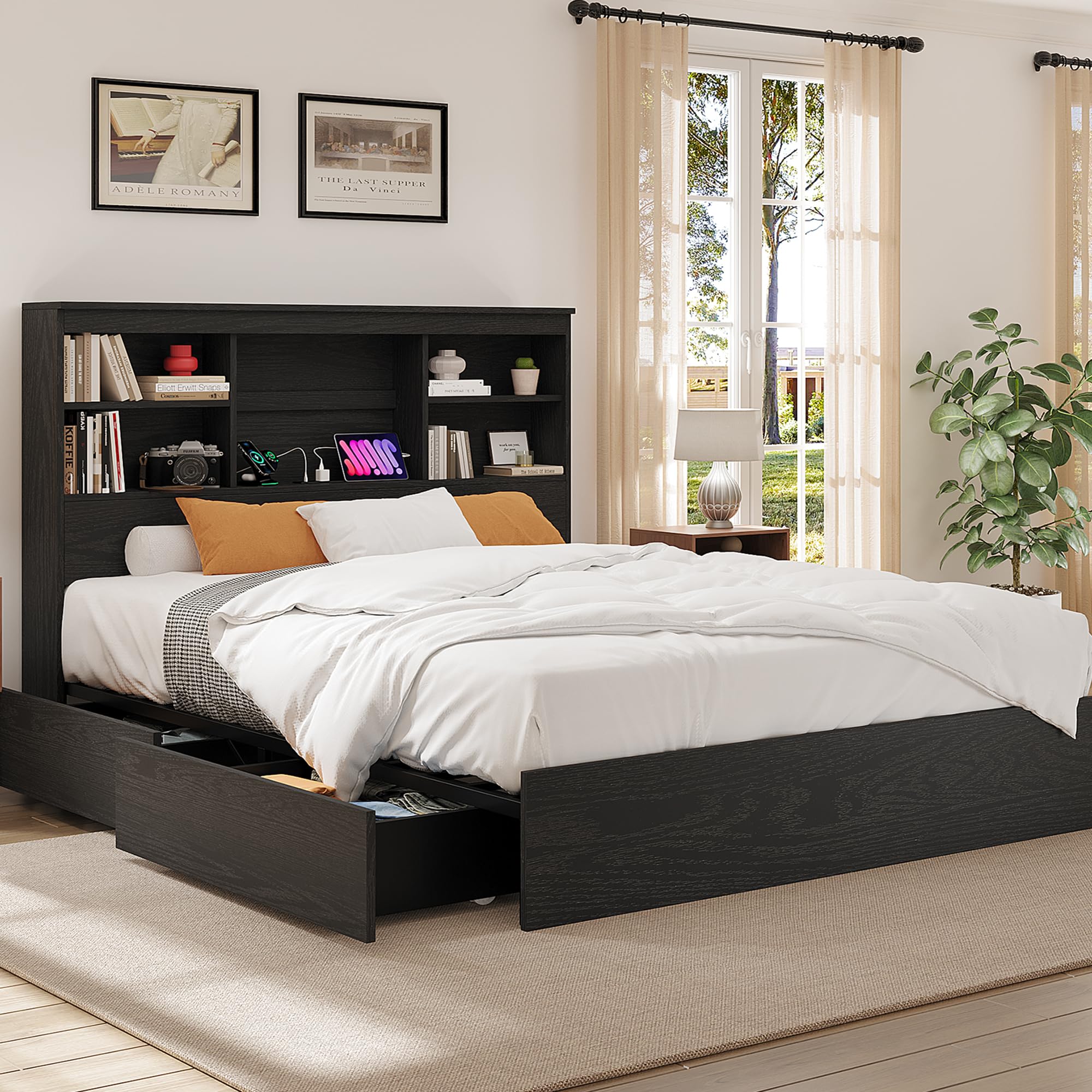 GarveeHome Queen Size Bed Frame with High Storage Bookcase Headboard, Wood Bed Frame with 4 Storage Drawers, Built in Charging Station, No Box Spring