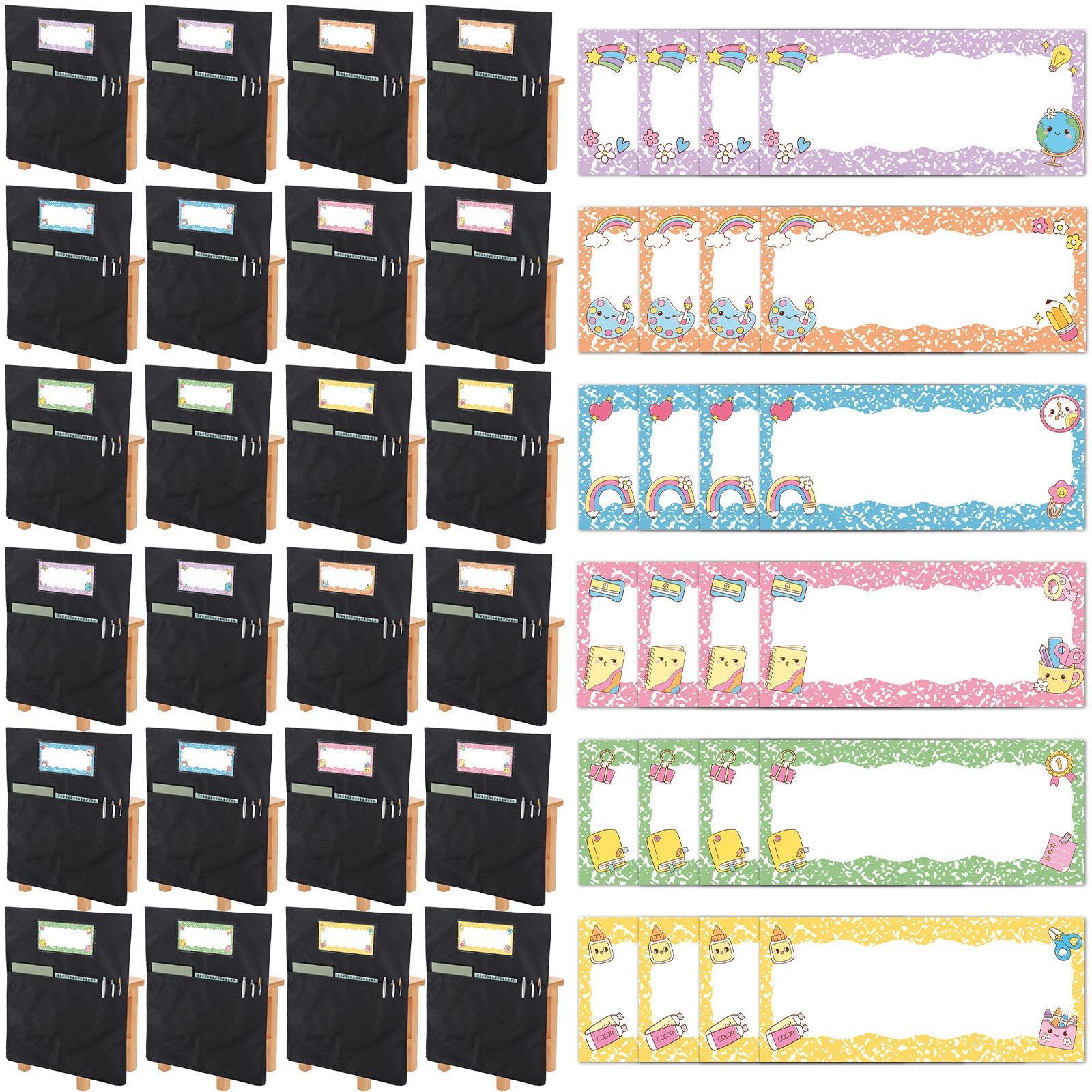 24 Set Black Classroom Chair Pockets 16 X 20 Inch Desk Chairback Pocket Organizer Chair Pockets with Composition Notebook Name Tags Durable Fabric Storage Pockets for School Home Office Supplies Books
