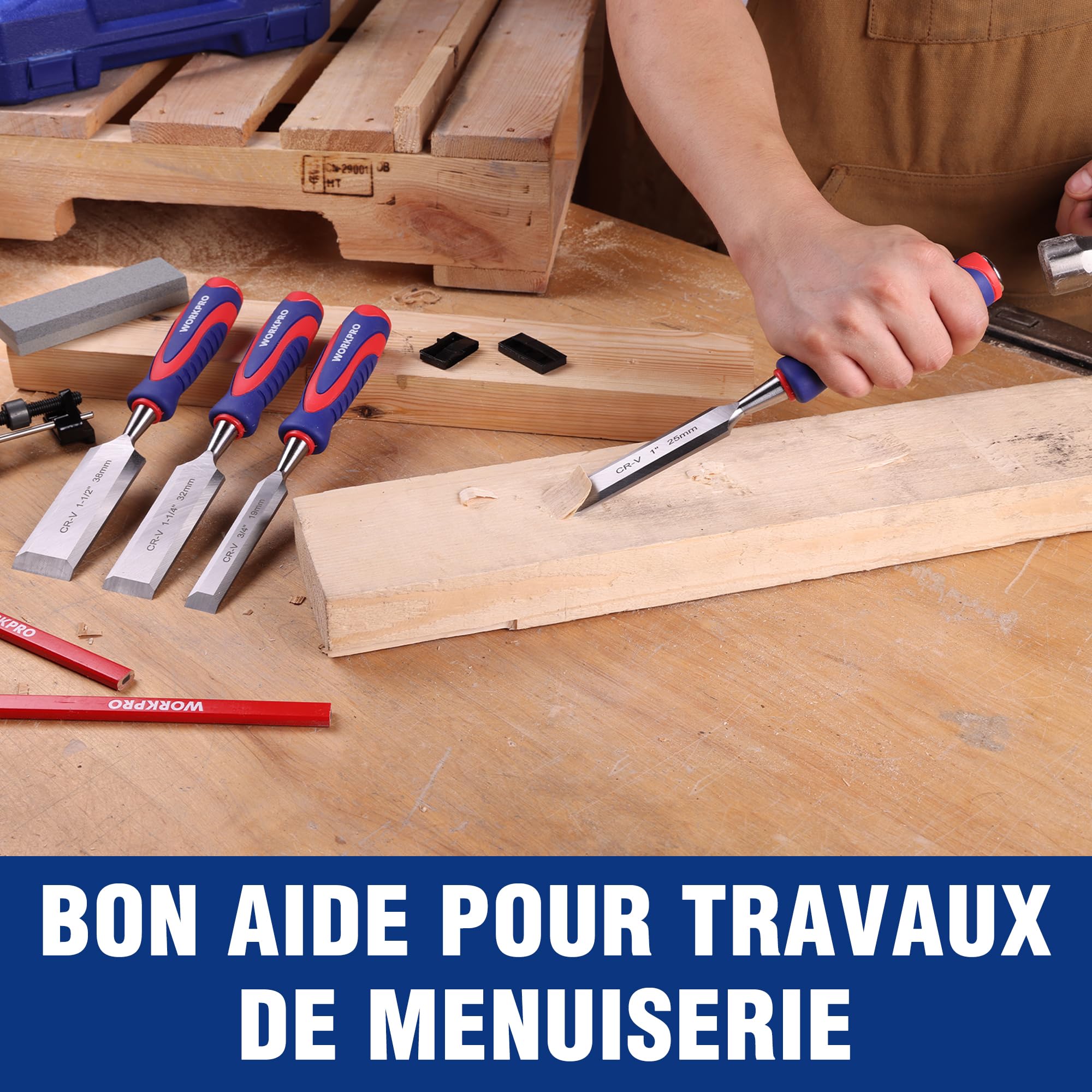 WORKPRO Jeu de 10 Ciseaux à Bois 6/13/19/25/32/38 mm avec Guide d’Affûtage, Pierre à Aiguiser et 2 Crayons, Coffret Ciseaux à Bois avec Manche Ergonomique pour Menuiserie, Sculpture, Travail du Bois