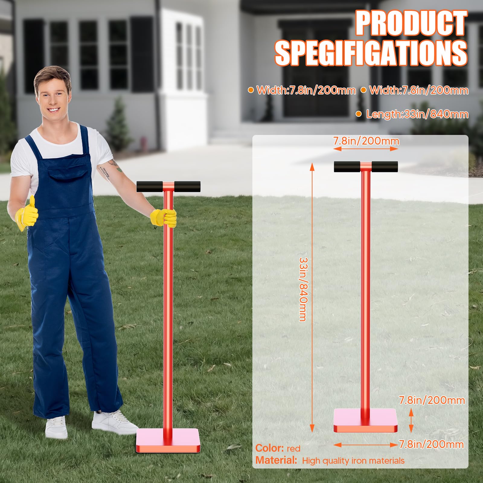 VELPAX Manuale Comactor, Portale Soil Comactor per terreno argilloso, 20x20 cm, per terreno argilloso, ghiaia e compattazione del terreno