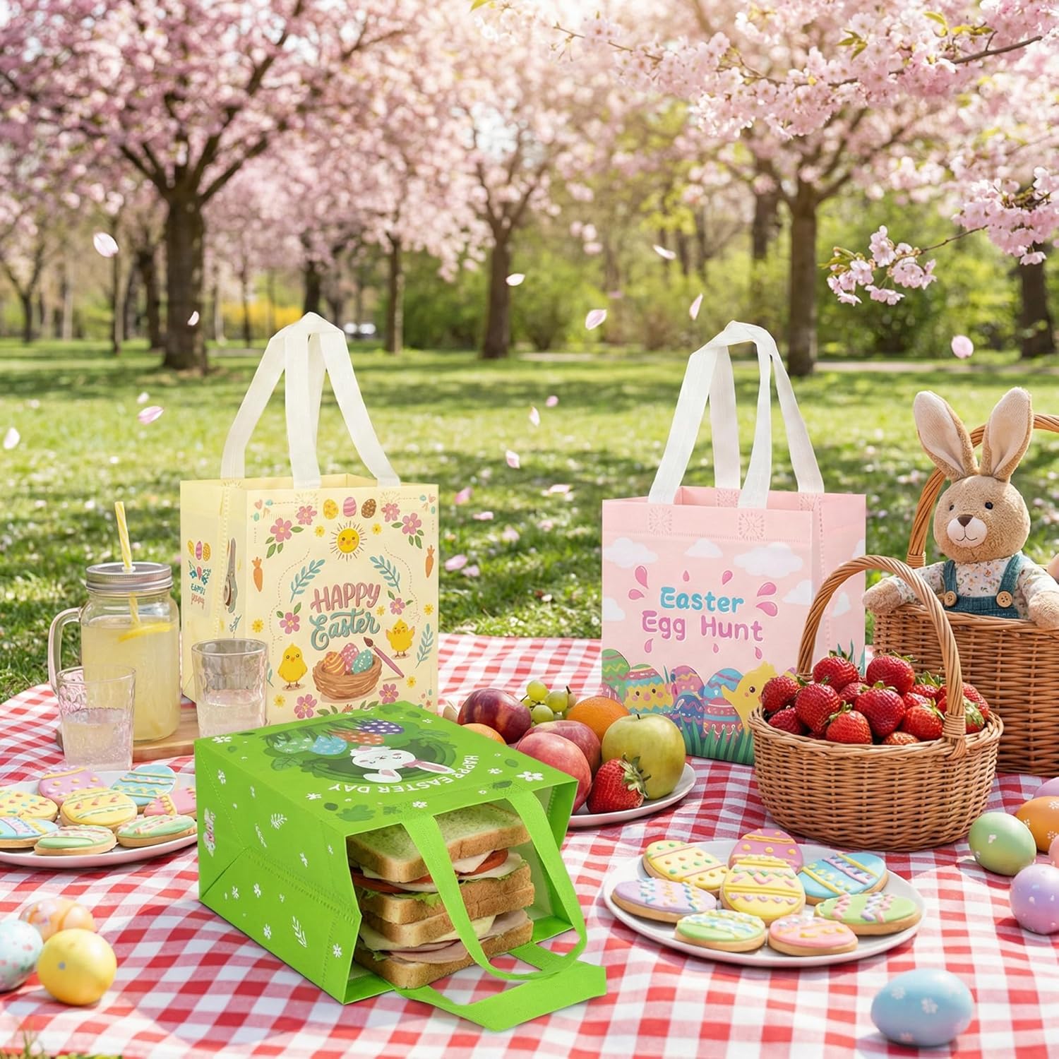 Yokodaza 8 Pack Easter Gift Bags with Handles, Reusable Non-Woven Treat Totes, Bunny Carrot Chick Egg Designs, Holiday Party Favors for Kids Adults, Easter Egg Hunt Supplies, Gift Wrapping Baskets - Image 8