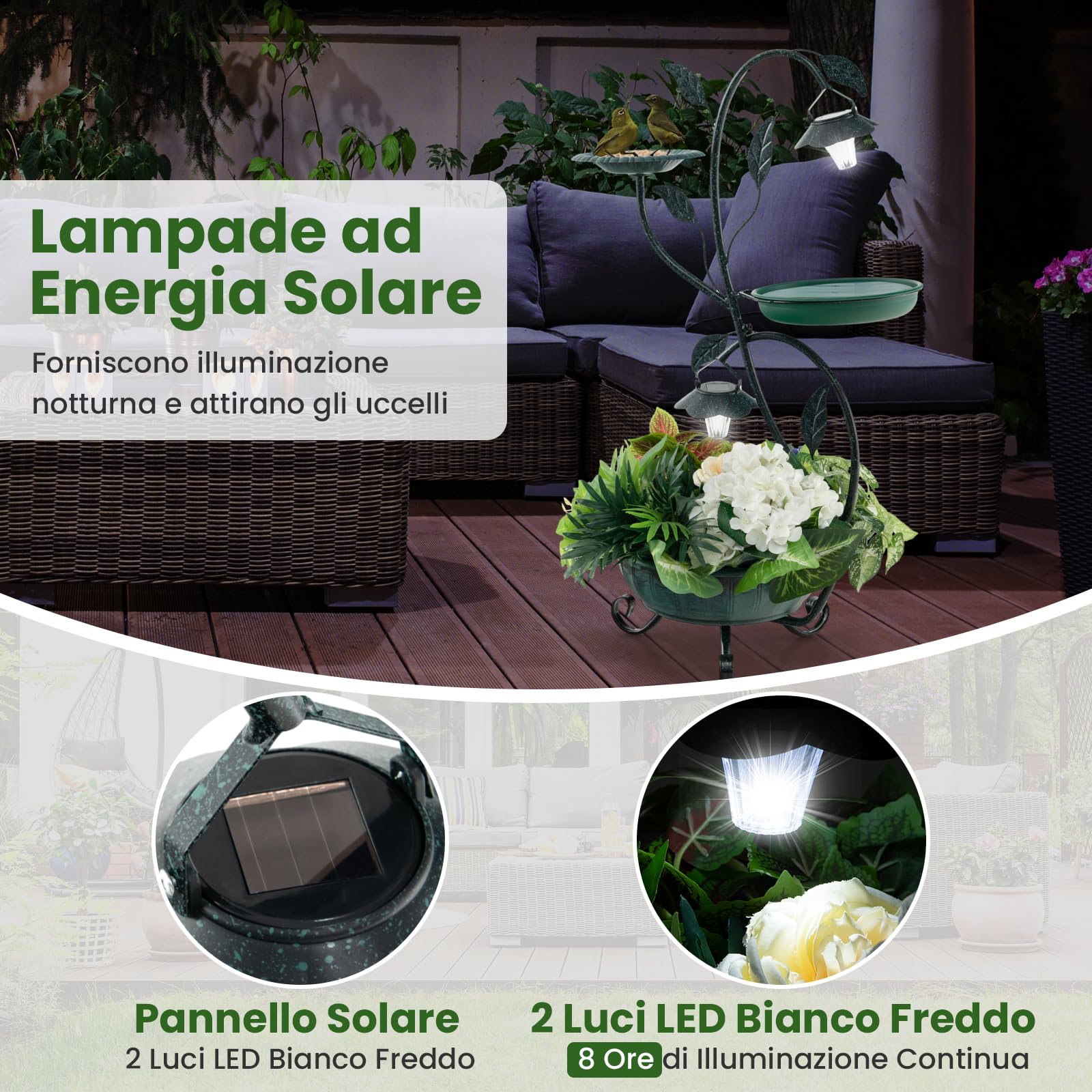 COSTWAY Mangiatoia per Uccelli da Giardino 83CM, Vasca per Uccelli da Esterno Alimentata a Energia Solare con Piedistallo per Fiori e 2 Luci LED, per Giardino, Cortile e Prato, Bronzo