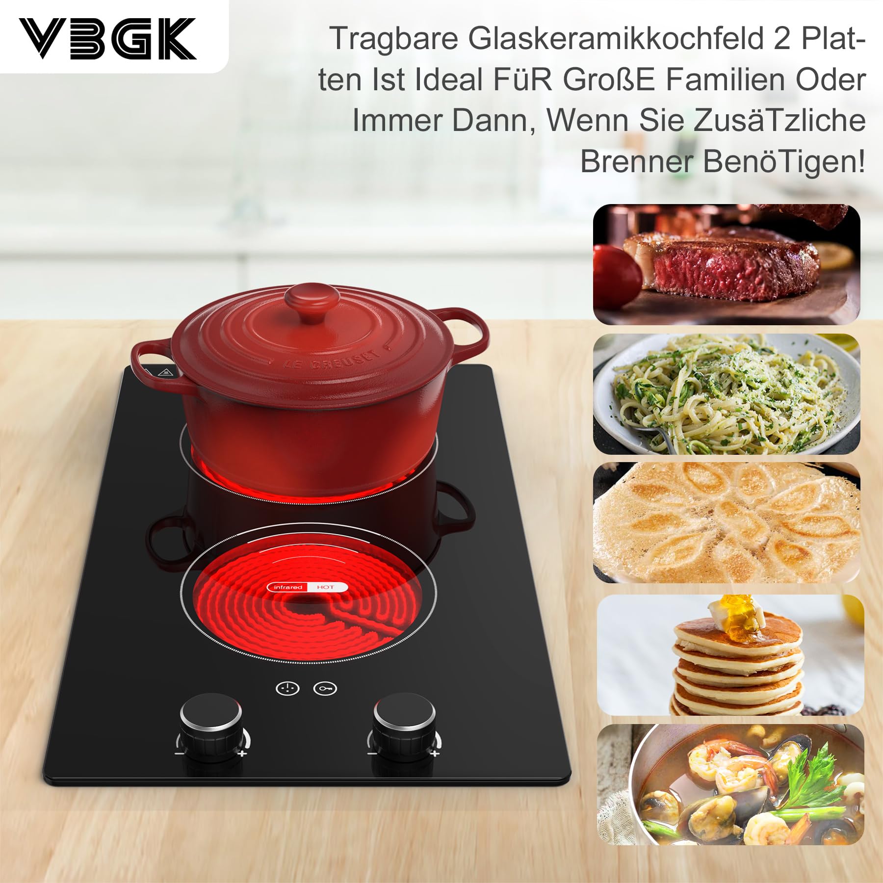 VBGK Glaskeramikkochfeld 2 Platten 29cm 3000W 2 Kochzonen 9 Heizstufen Berührungssteuerung Kindersicherung Timer
