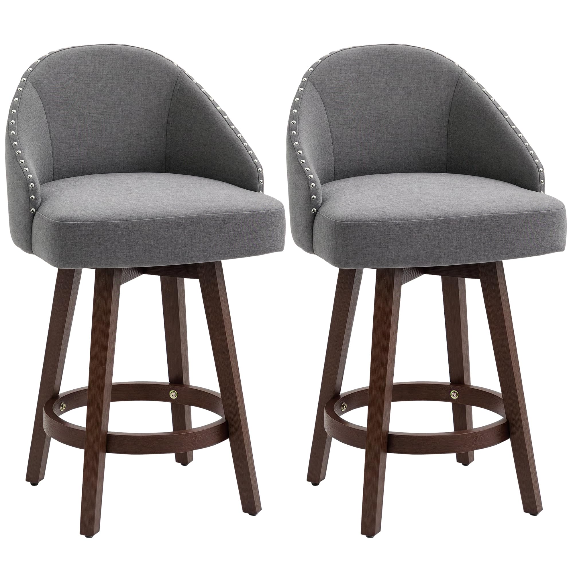 HOMCOM 26" Counter Height Bar Stools, Linen Fabric Kitchen Stools with Nailhead Trim, Rubber Wood Legs and Footrest for Dining Room, Counter, Pub, Set of 2, Dark Gray