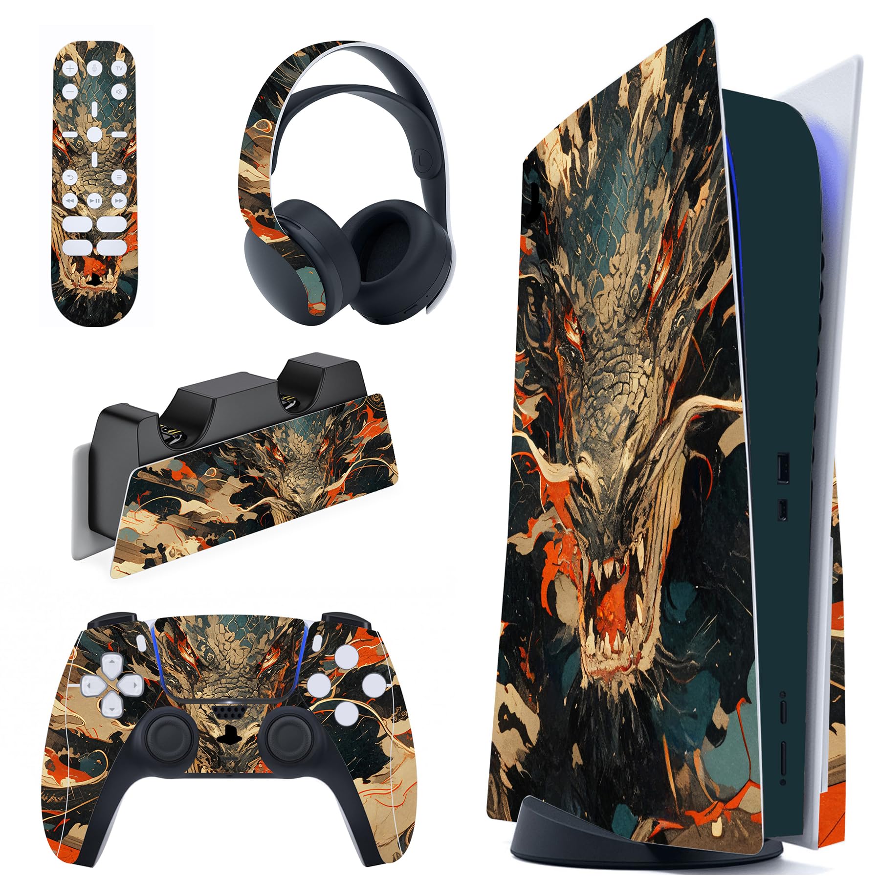 PlayVital Calcomanía Vinilo para ps5 Edición Disc - Pegatina Completa para Consola, Control, Estación de Recarga, Control Remoto y Audífonos, Skins Cubierta Protectora Adhesiva(Furia del Dragón)