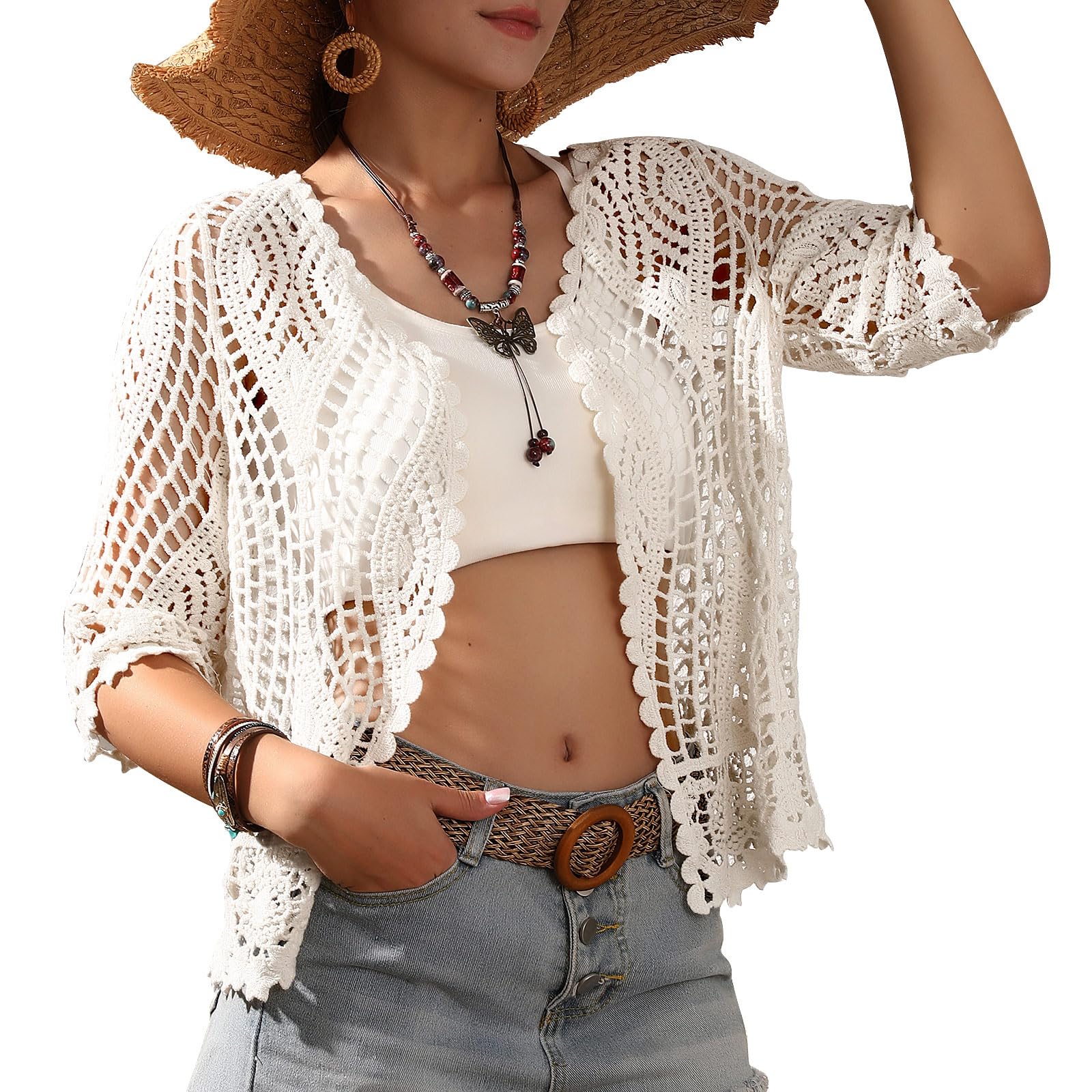 SMDPPWDBB Women's Half Sleeve Shrug Open Front Cardigan Lace Crochet Shrug, White-A, One Size