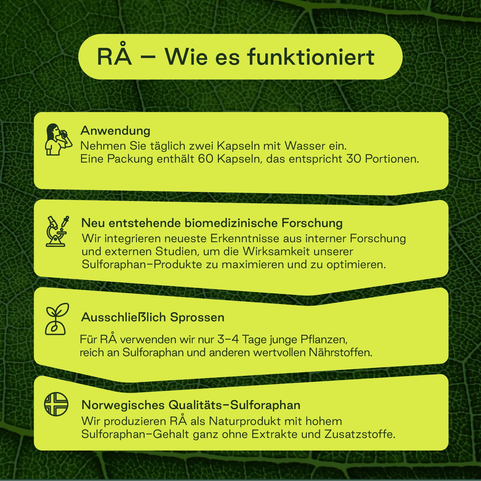 RÅ Aktive Sulforaphan Kapseln aus Norwegen- 28500 mg Gefriergetrocknete Brokkolisprossen - Kein Extrakt - Aktive Vollspektrum Brokkoli Kapseln, 60 Kapseln - Pure Food Norway