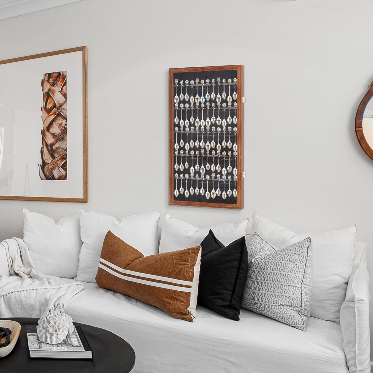 60 Souvenir Spoon Tea Spoon Display Case Rack Holder Wall Cabinet, UV Protection, Lockable (Walnut Finish)