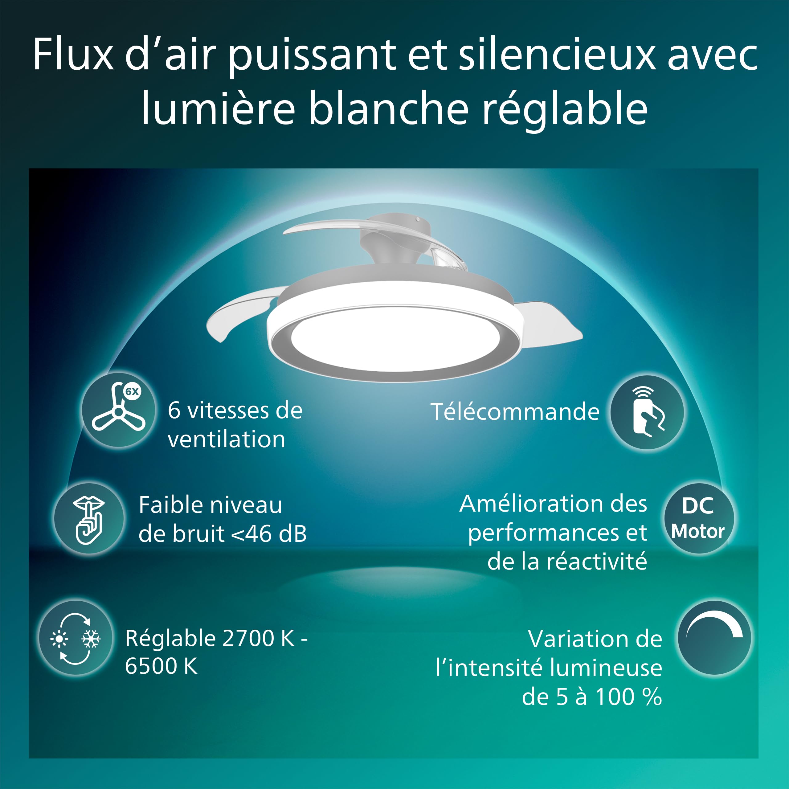 Philips LED, Plafonnier Ventilateur Rétractable Bliss, 106 cm, Noir