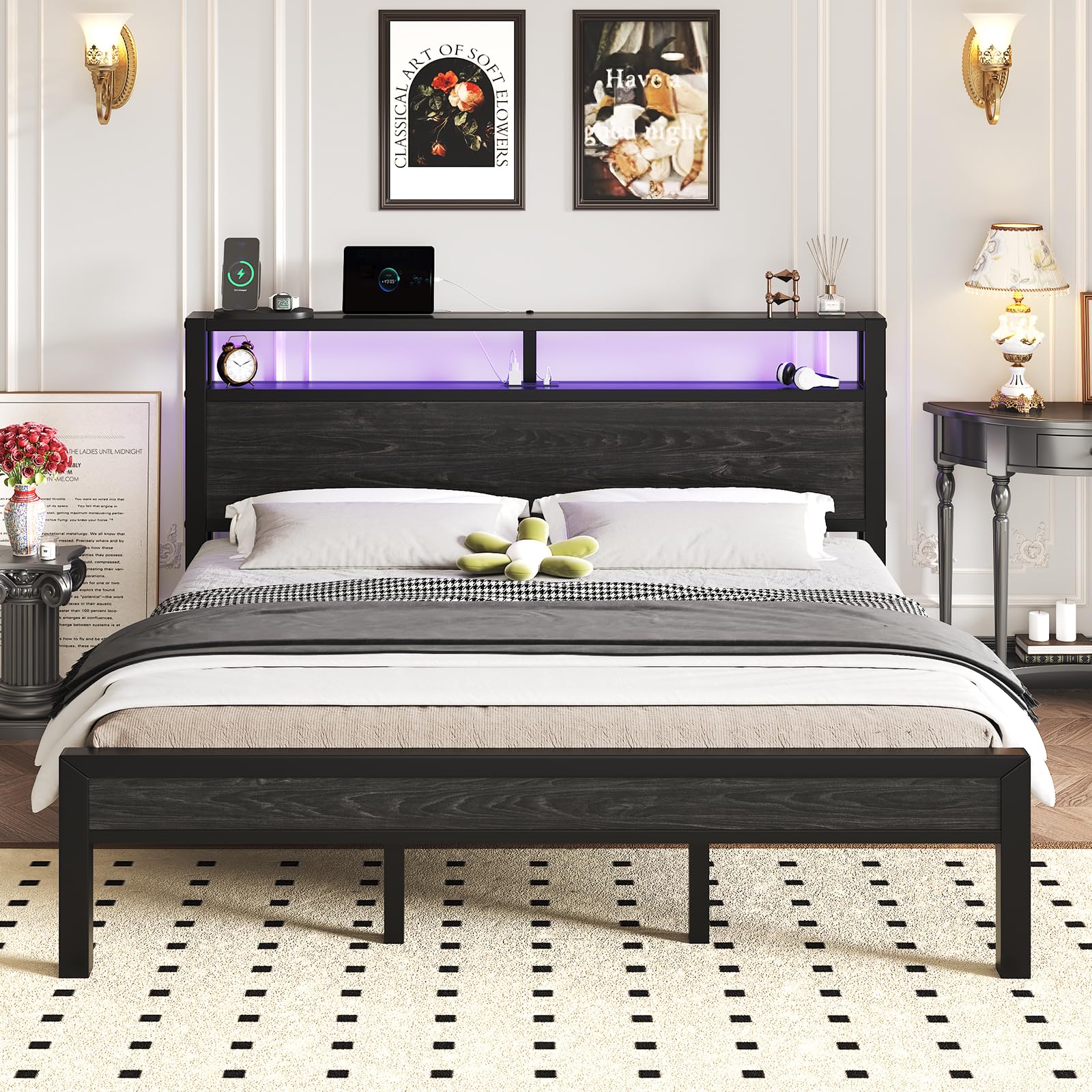 HAY com King Size Bed Frame with LED Light and Charging Station Metal Platform Bed with Storage Headboard