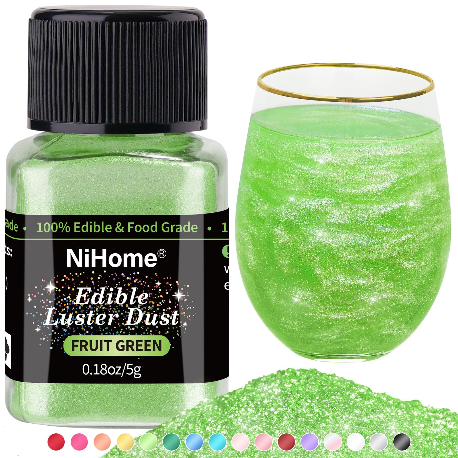 NiHome Edible Luster Dust Glitter Powder Metallic Food Decorating Sprinkle Glimmery Brew Dust for Drink Wine Beverage Cake Dessert Home Bakery Restaurant Vegan Allergen-Free (5g/0.18oz, Fruit Green)