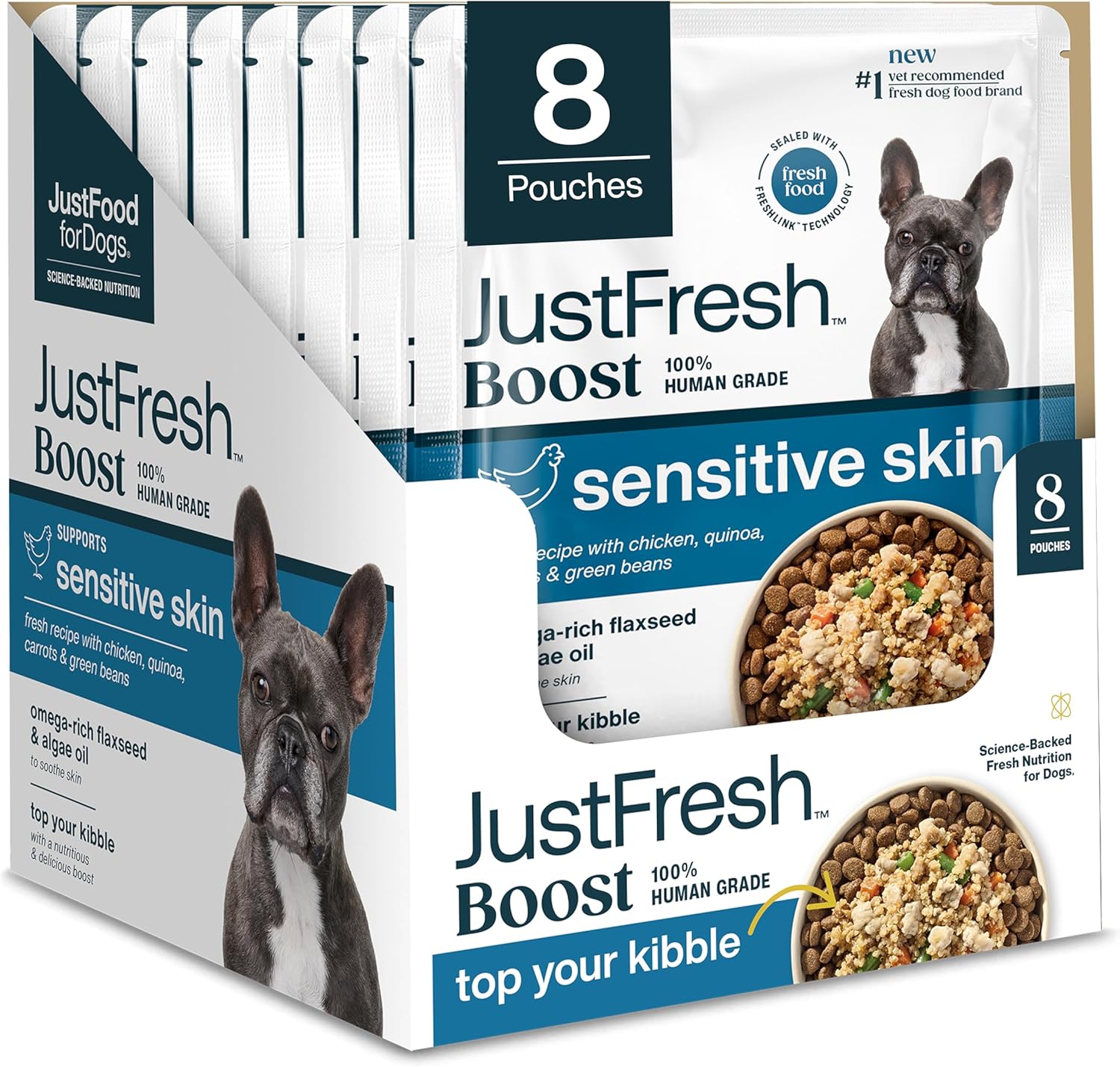 JustFoodForDogs JustFresh Boost Sensitive Skin Dog Food Toppers for Immune Support and Healthy Coat, Human-Grade Fresh Pet Meal Booster, 8 oz Pouches - 8 Pack