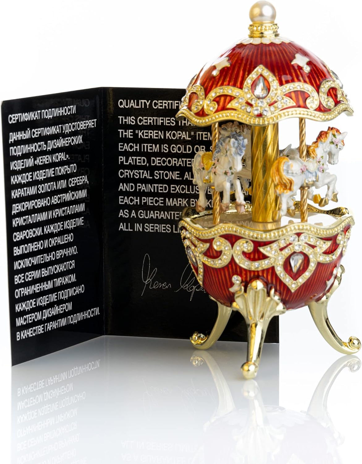 Keren Kopal Carousel Horse Music Box With White Horses figurines Wind Up Musical Handmade Amazing Home Decoration