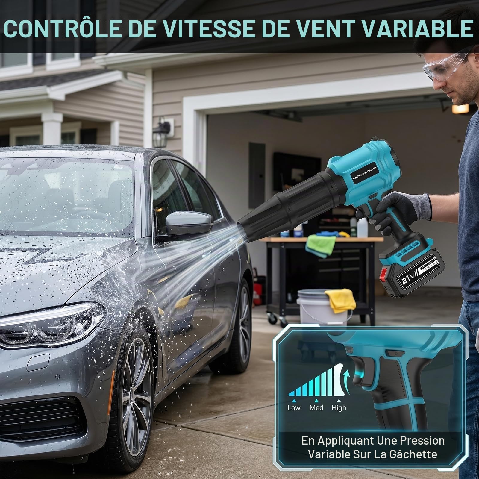 Souffleur Batterie avec 2 Batteries 4,0 Ah, 21V Souffleur de Feuilles sans Fil 65 m/s, Moteur Brushless 800,000 TR/Min, 2 Buses, Réglage Variable, pour Jardin, Terrasse, Voiture (Bleu)