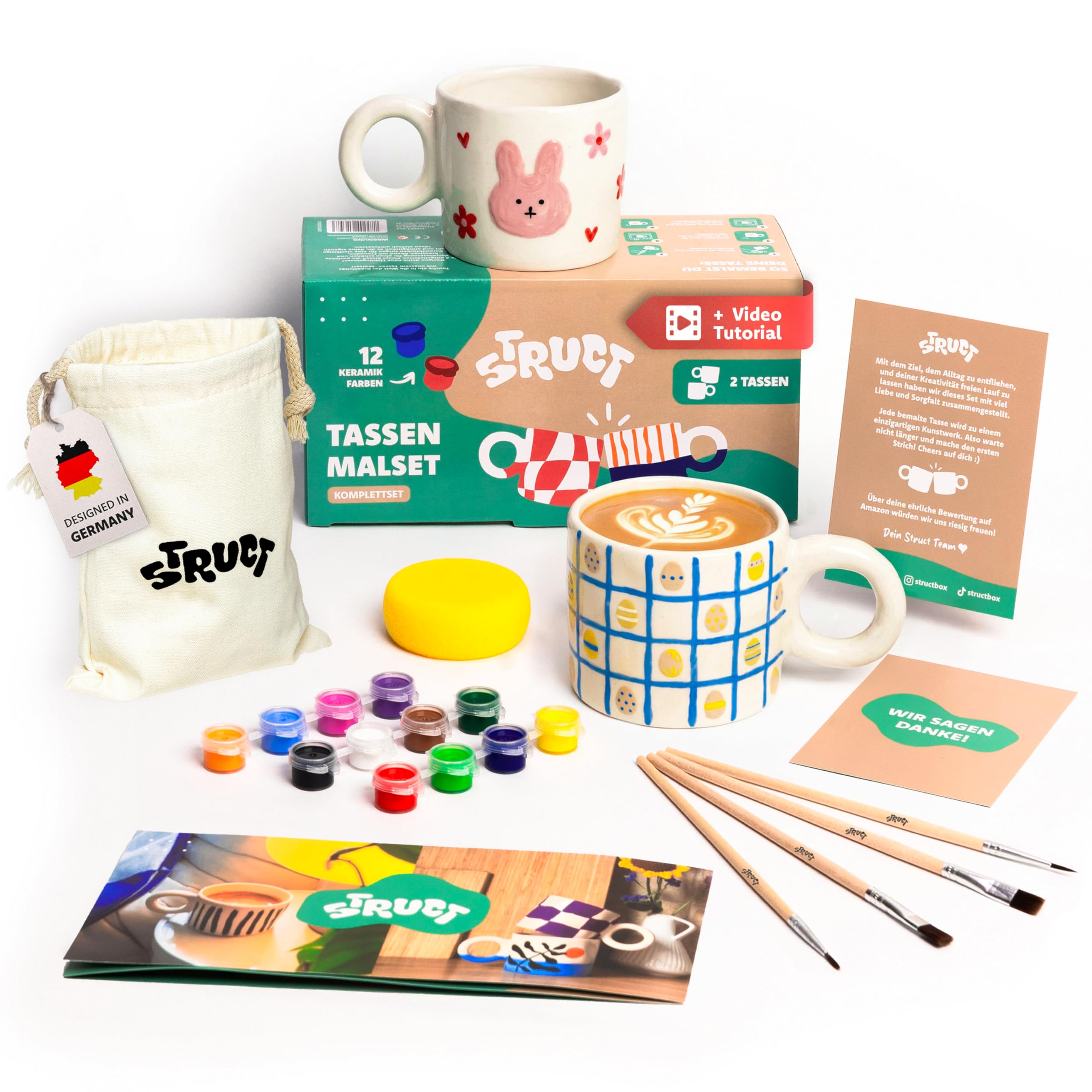 STRUCT® Keramik Bemalen Set - mit 2x Tassen zum Bemalen für Erwachsene - (inkl. Tassen, Farben, Pinsel, Gratis-Videokurs mit Malinspiration) - Tassenmalset - Kreativ Set für Erwachsene (Groß)