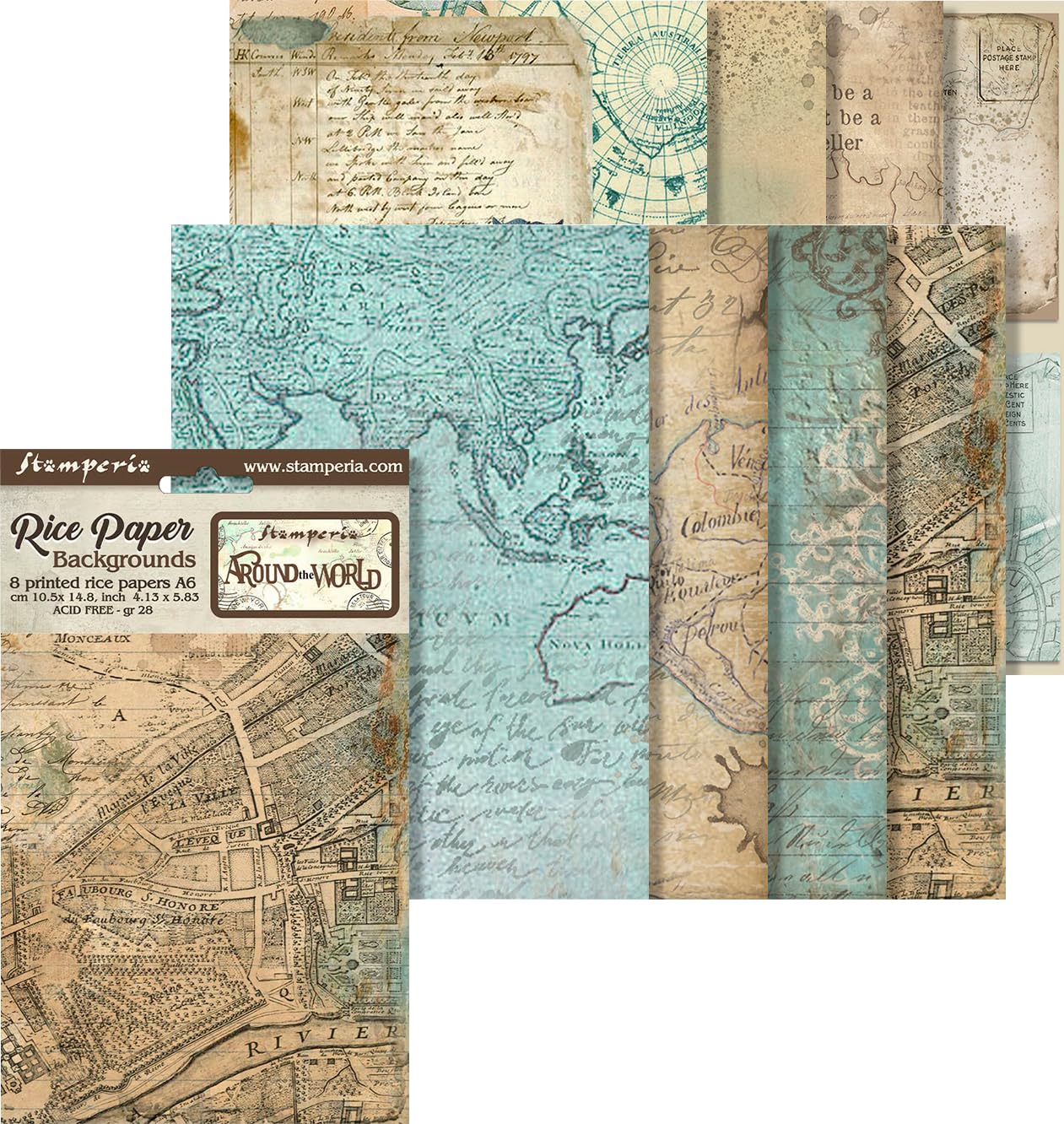 Stamperia Selection of 8 A6 Rice Paper Backgrounds Around The World, Multicolour, One Size