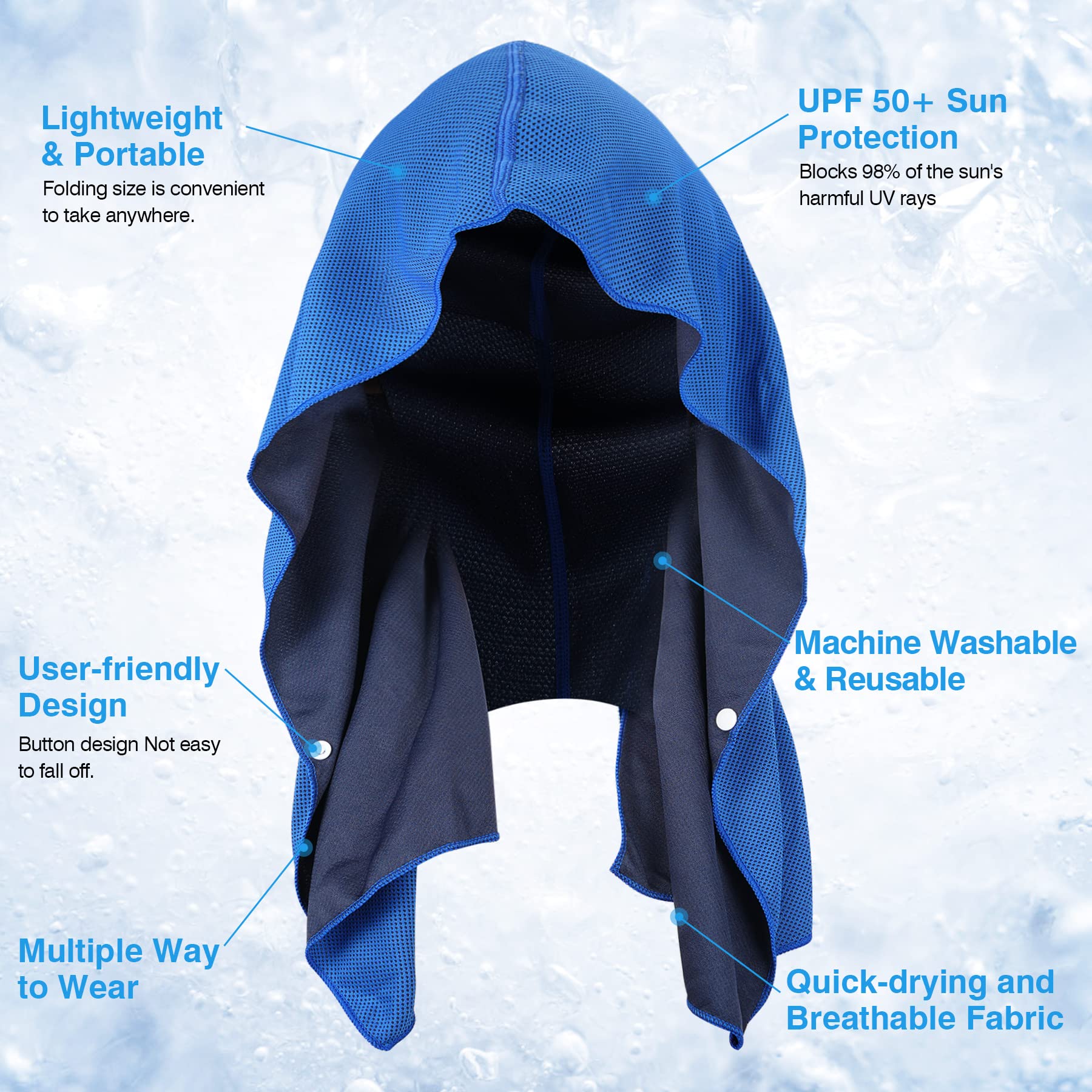 Sukeen Lot de 3 serviettes rafraîchissantes à capuche - Séchage rapide - Absorbantes - Pour le cou et le visage - Pour le sport, l'entraînement, le camping, le cyclisme - Collier rafraîchissant - Bleu