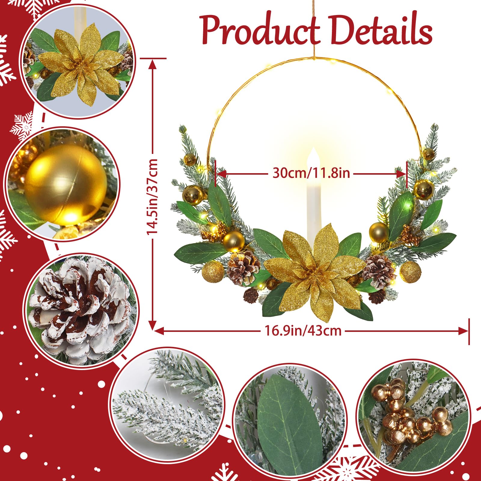 Betylifoy Lot de 2 couronnes de Noël rouges pour porte d'entrée de 40,6 cm avec bougies coniques à DEL pour porte d'entrée, fenêtre, cheminée, décorations de Noël (doré)